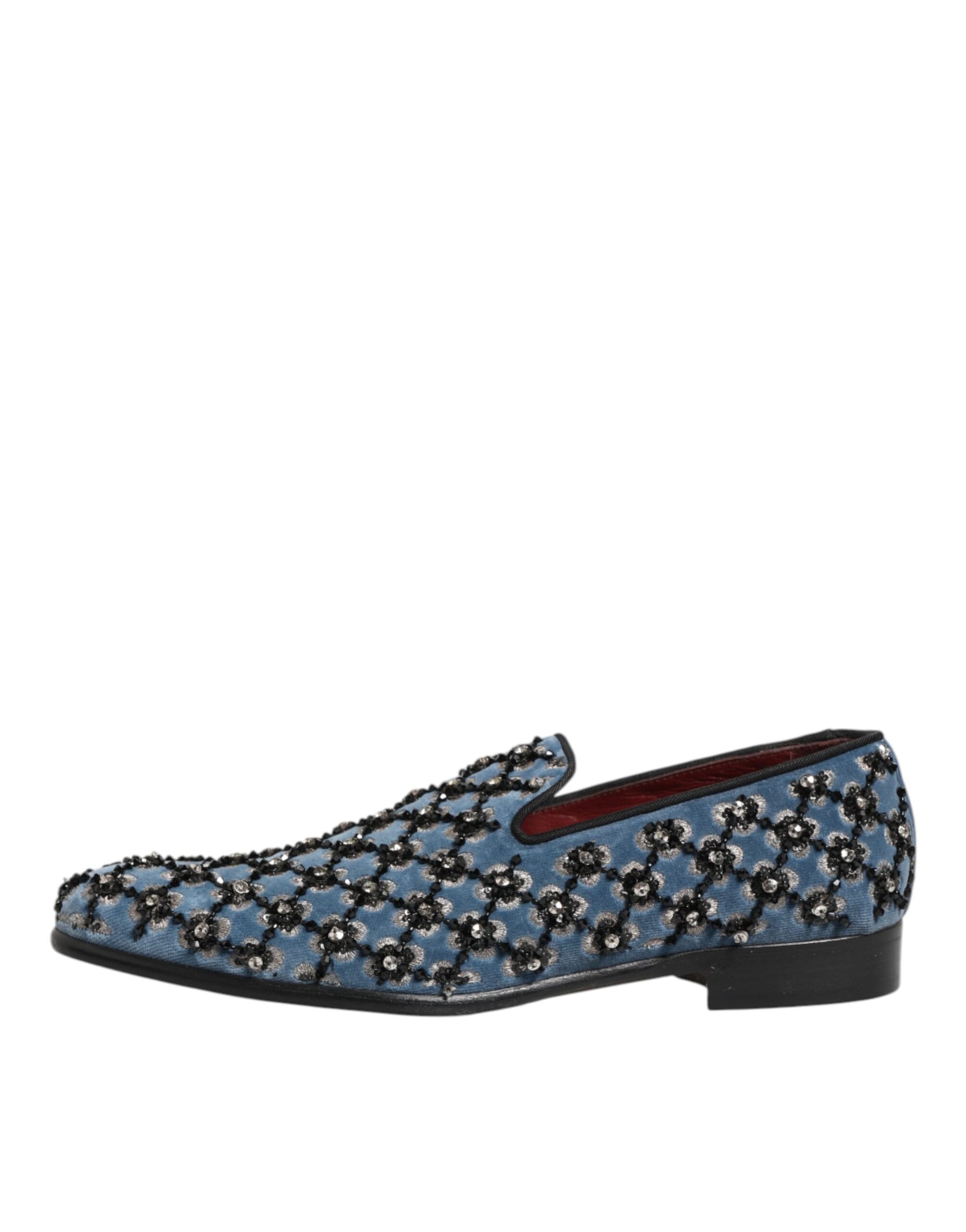 Dolce & Gabbana Blue Velvet Crystal Detailing Loafer Men Shoes | Regal Royce