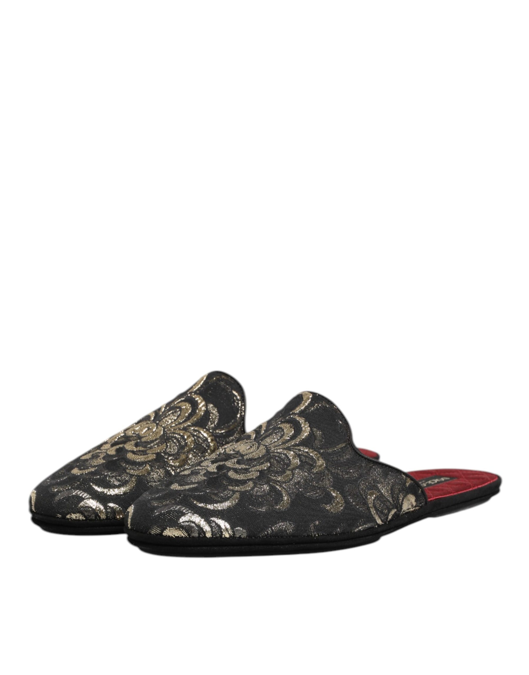 Dolce & Gabbana Black Floral Jacquard Slides Slippers Shoes | Regal Royce