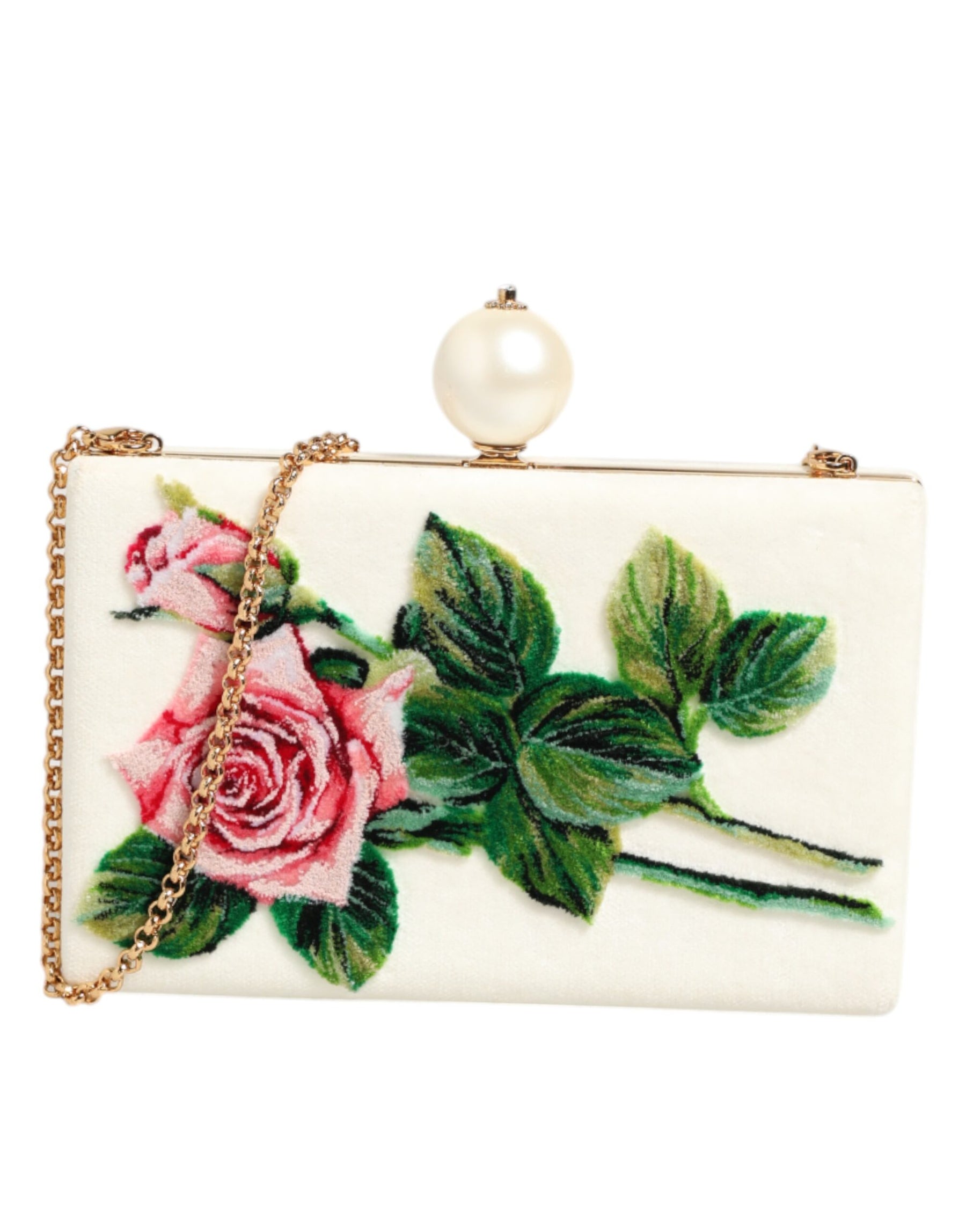 Dolce & Gabbana White Rose Embroidery Silk Gold Frame Clutch Purse Bag | Regal Royce