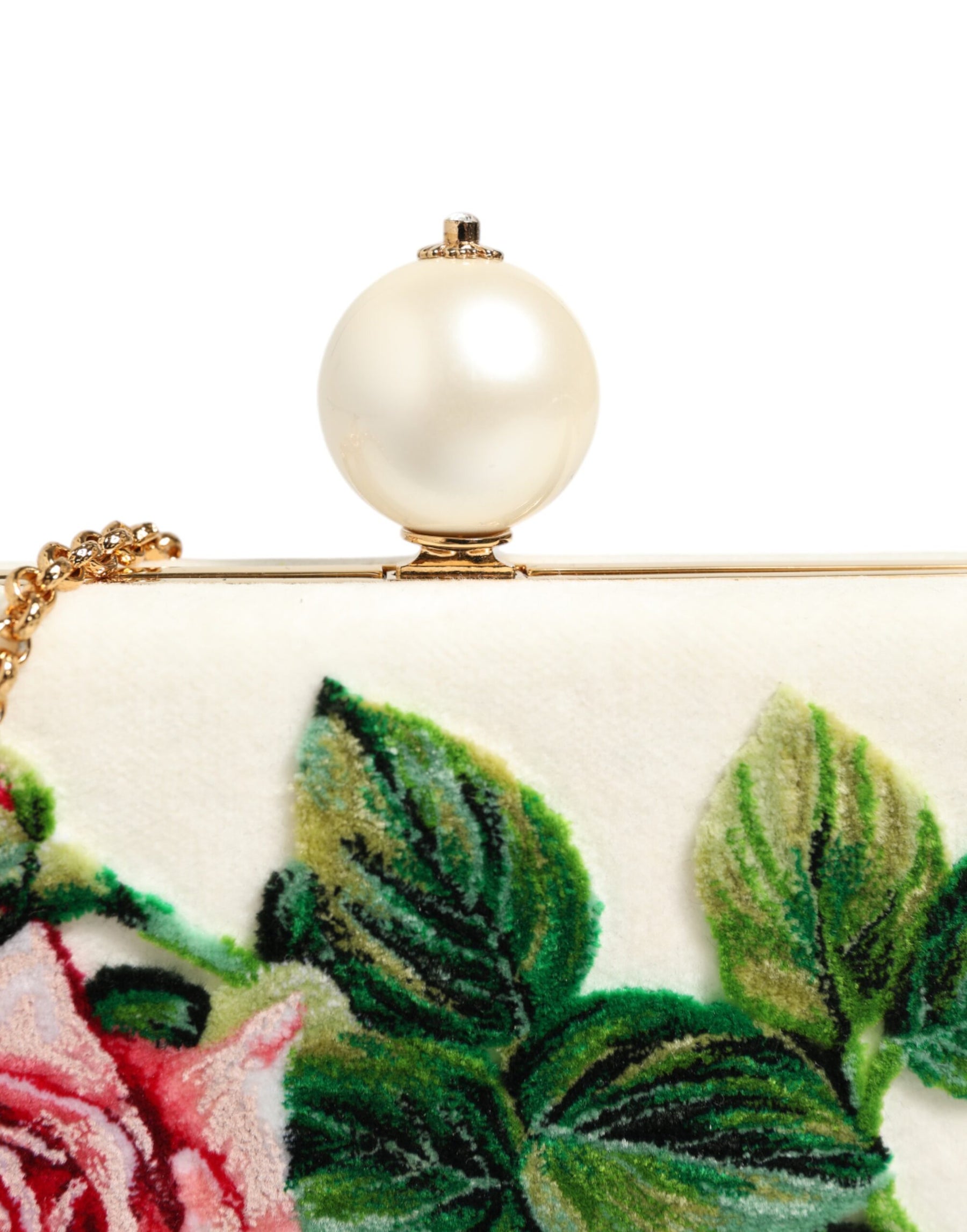 Dolce & Gabbana White Rose Embroidery Silk Gold Frame Clutch Purse Bag | Regal Royce