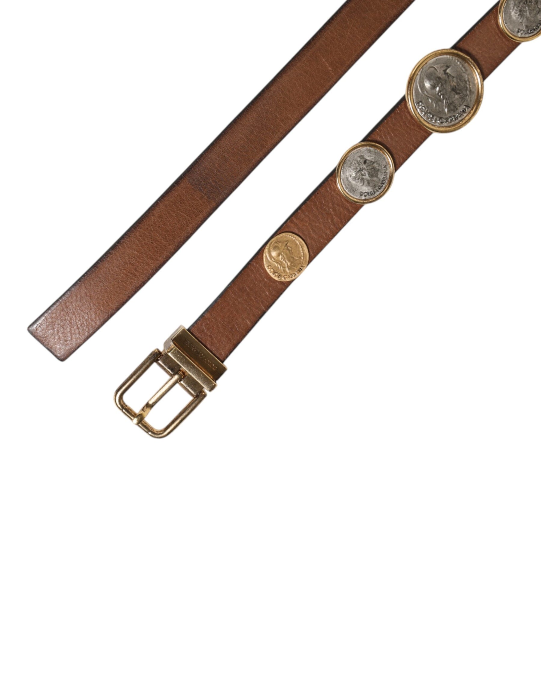 Dolce & Gabbana Brown Leather Gold Silver Coin Buckle Belt | Regal Royce