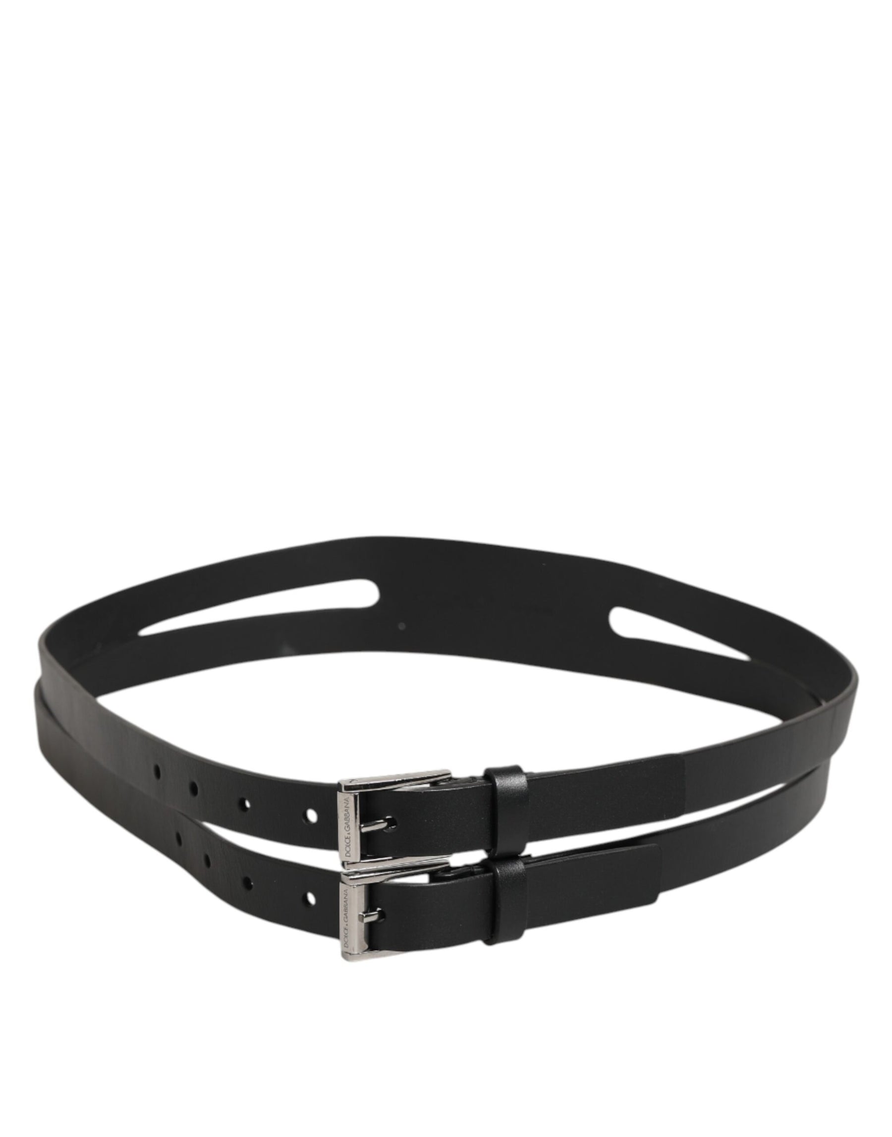 Dolce & Gabbana Black Double Strap Leather Silver Buckle Belt | Regal Royce
