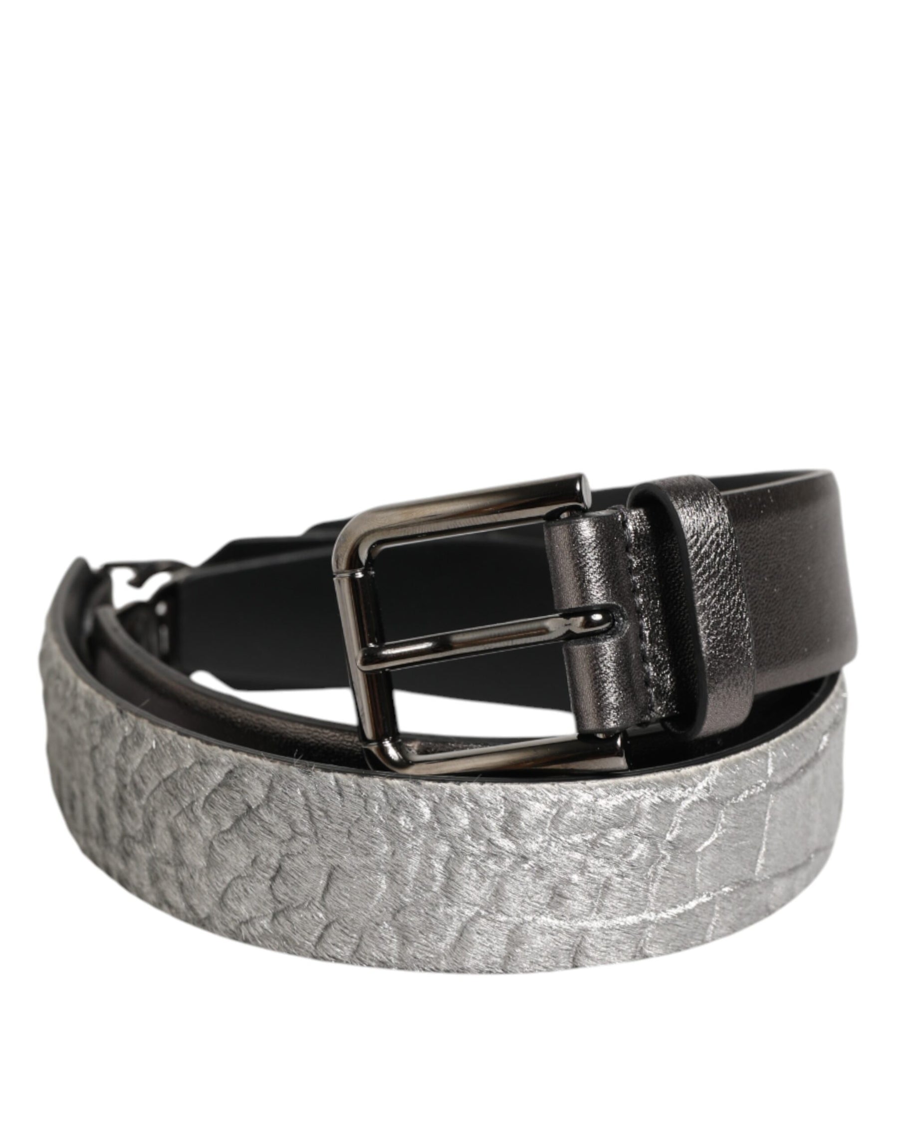 Dolce & Gabbana Black Silver Pebbled Texture Leather Buckle Men Belt | Regal Royce