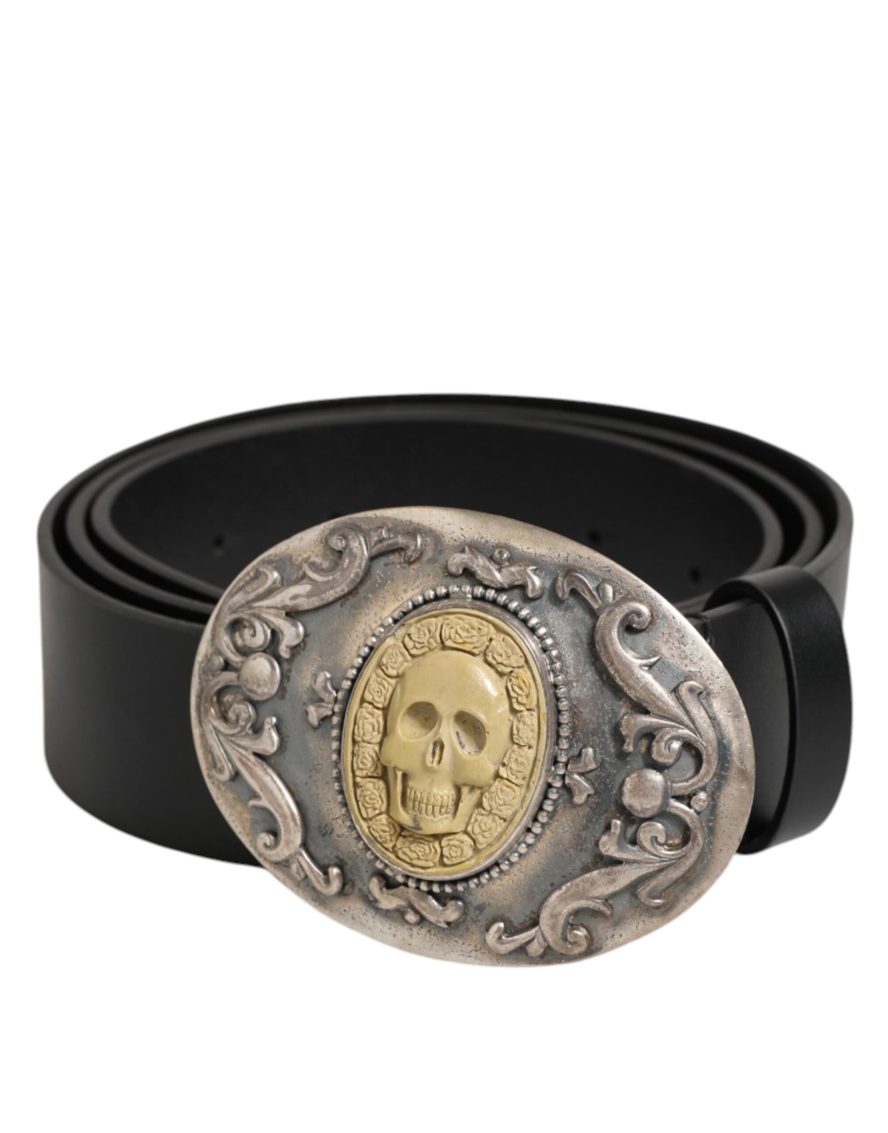 Dolce & Gabbana Black Leather Ornate Metal Buckle Men Belt | Regal Royce