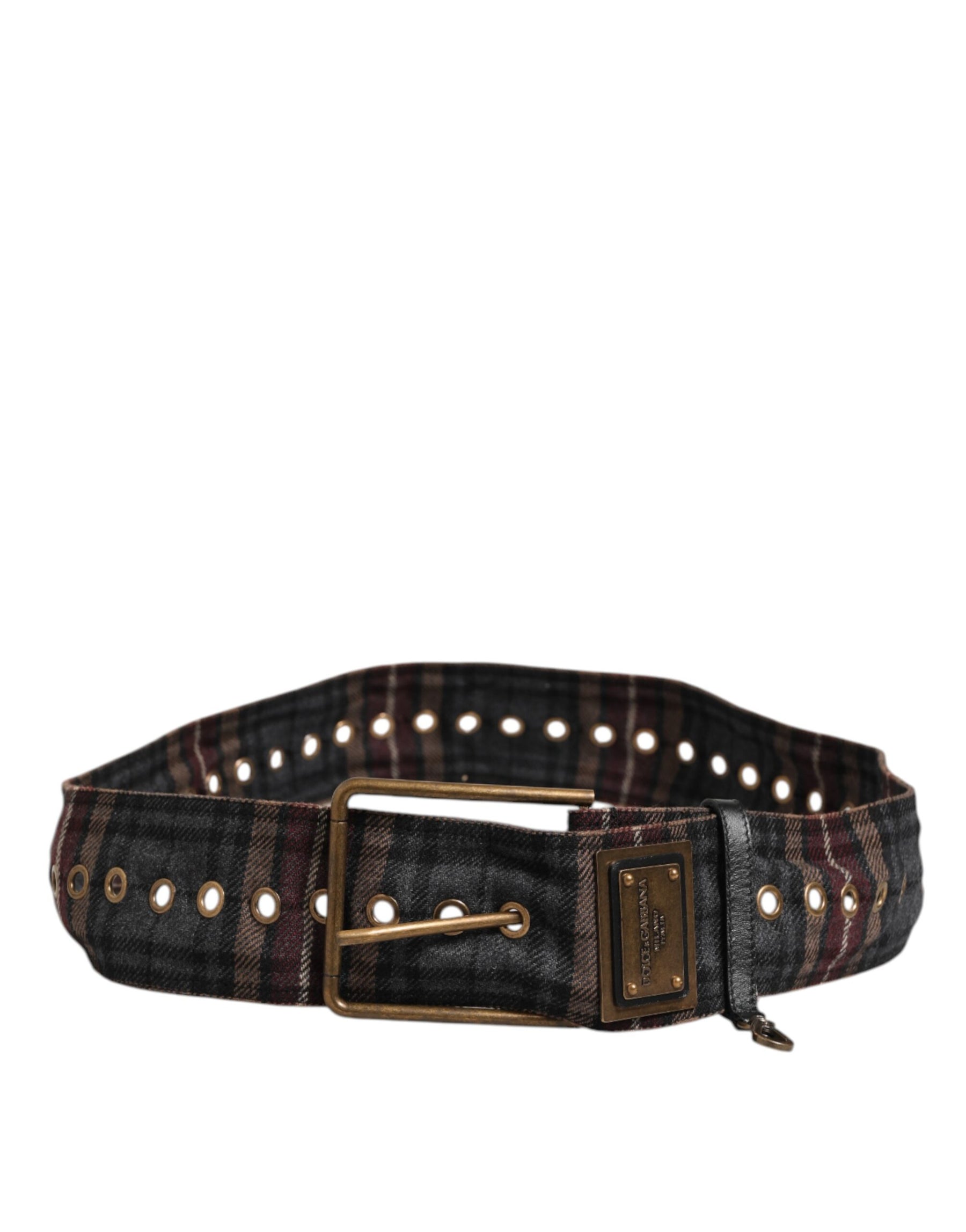 Dolce & Gabbana Plaid Fabric Logo Plate Brass Buckle Belt | Regal Royce