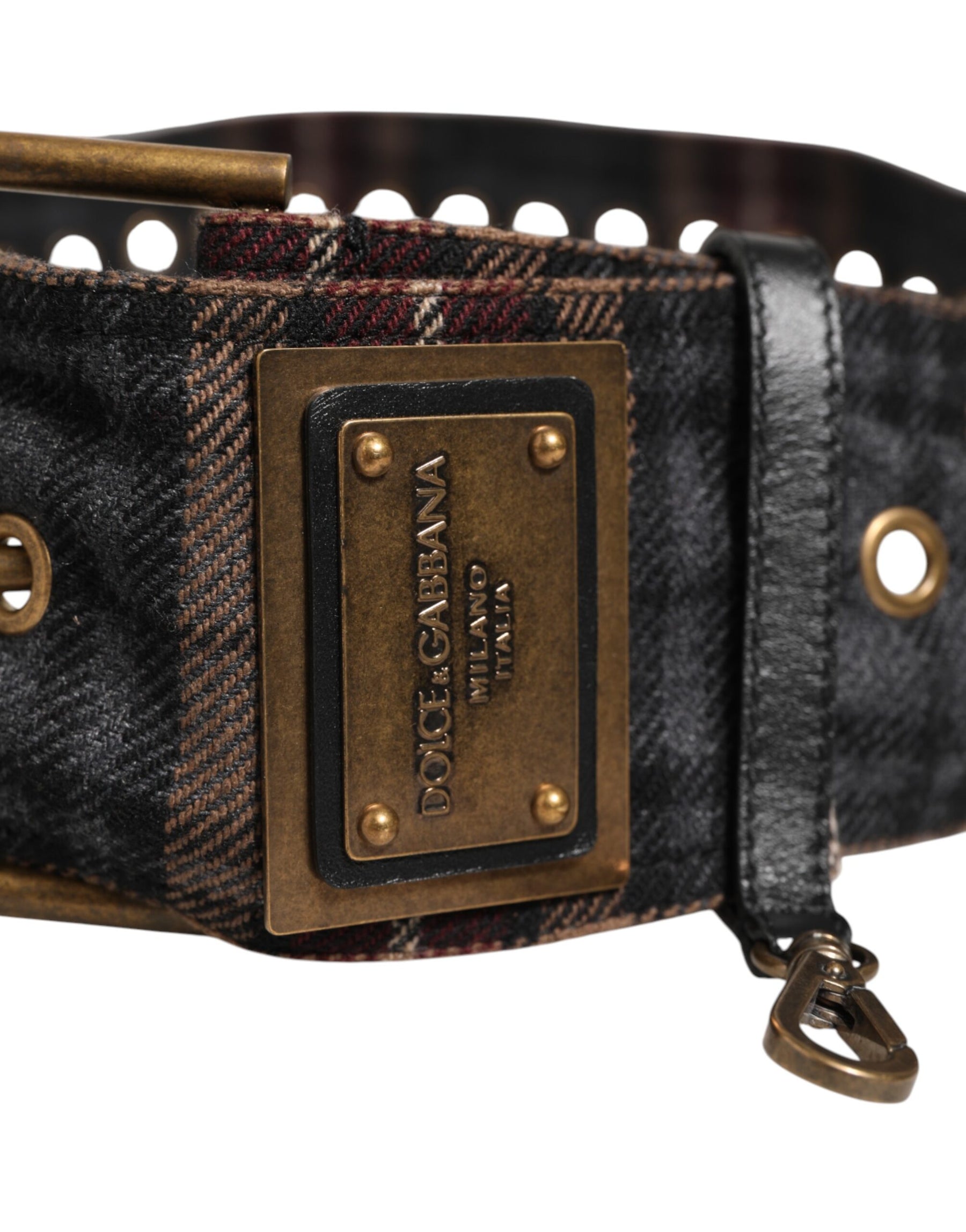 Dolce & Gabbana Plaid Fabric Logo Plate Brass Buckle Belt | Regal Royce