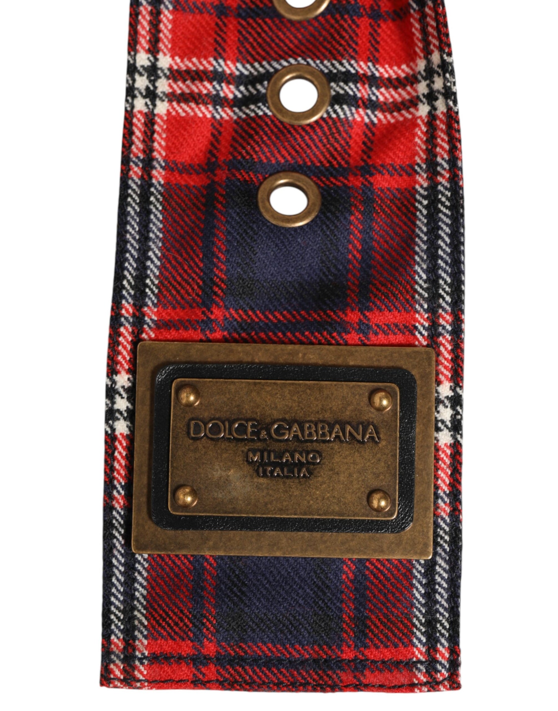 Dolce & Gabbana Red Plaid Fabric Logo Plate Brass Buckle Belt | Regal Royce