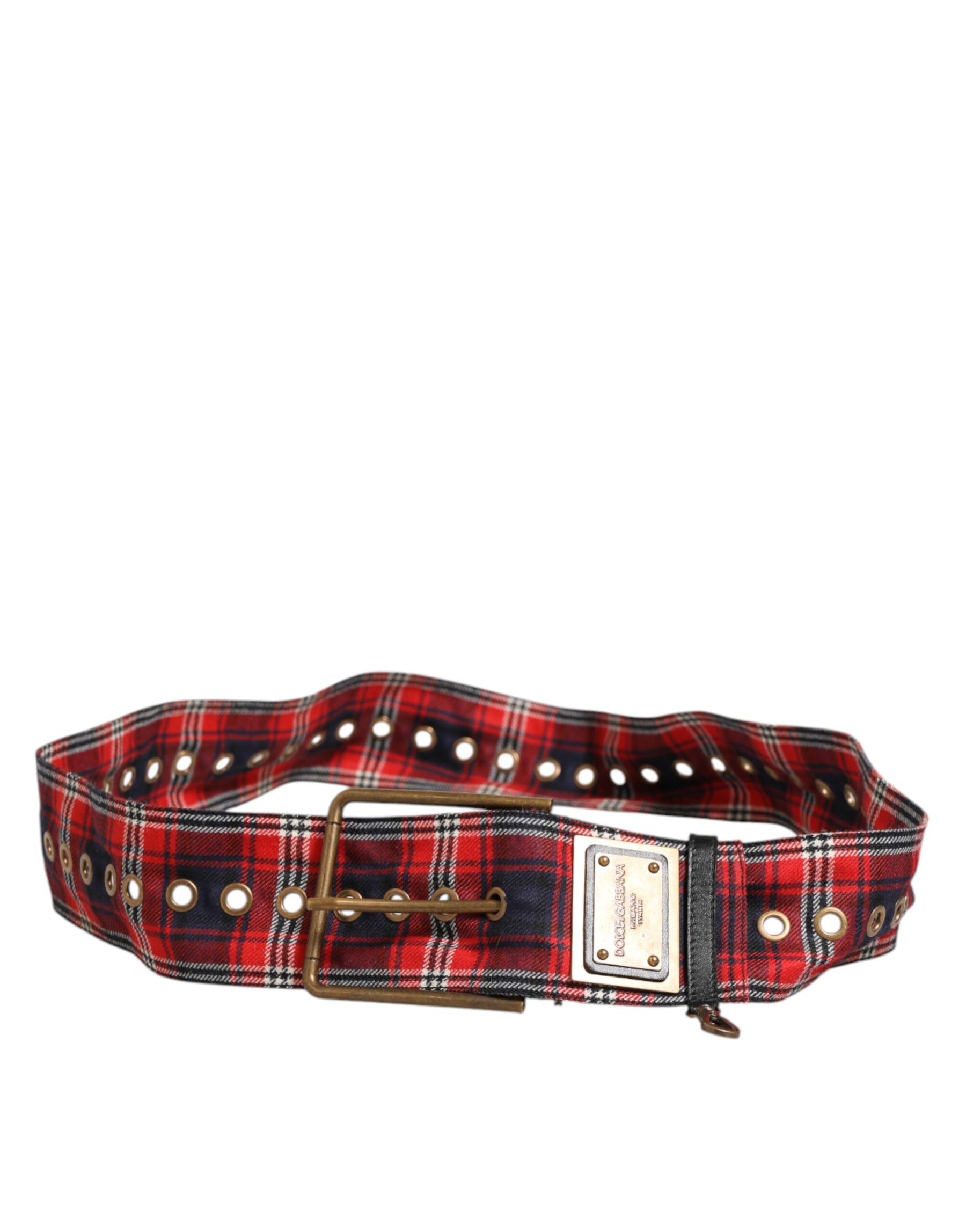 Dolce & Gabbana Red Plaid Fabric Logo Plate Brass Buckle Belt | Regal Royce