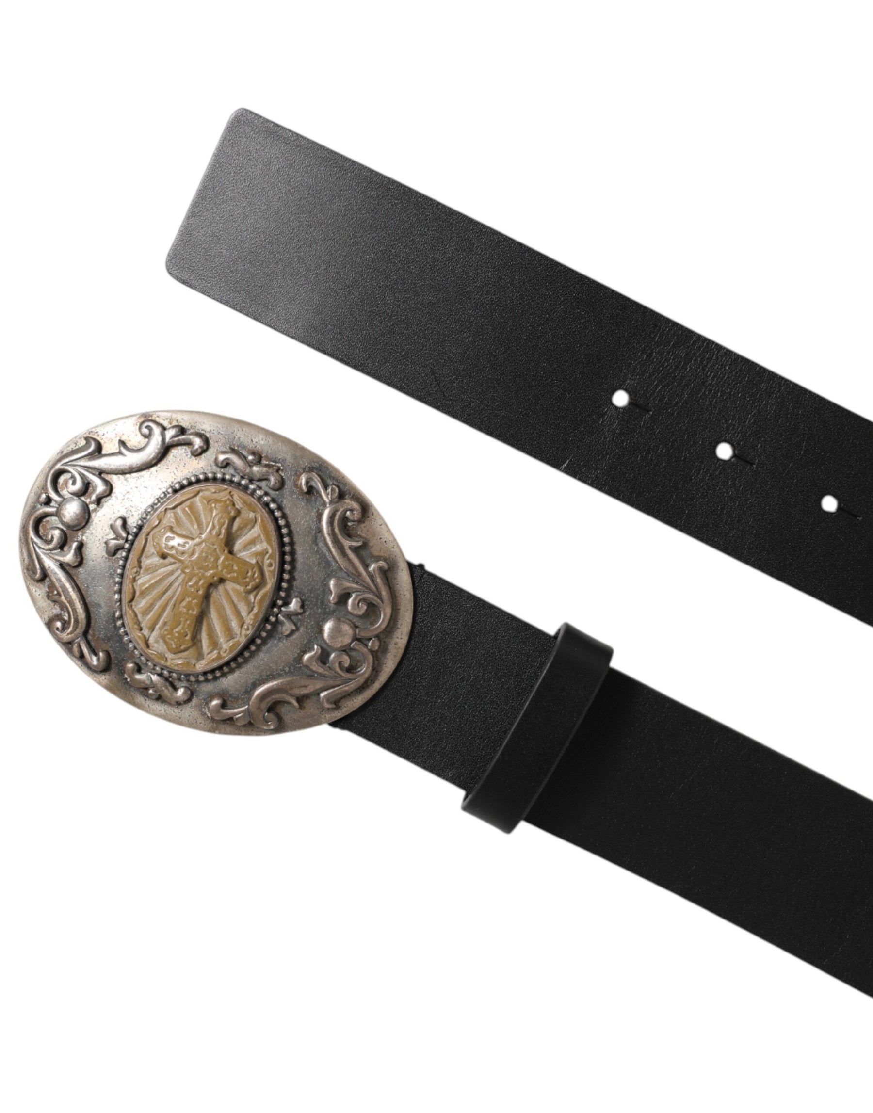 Dolce & Gabbana Black Leather Ornate Metal Buckle Men Belt | Regal Royce