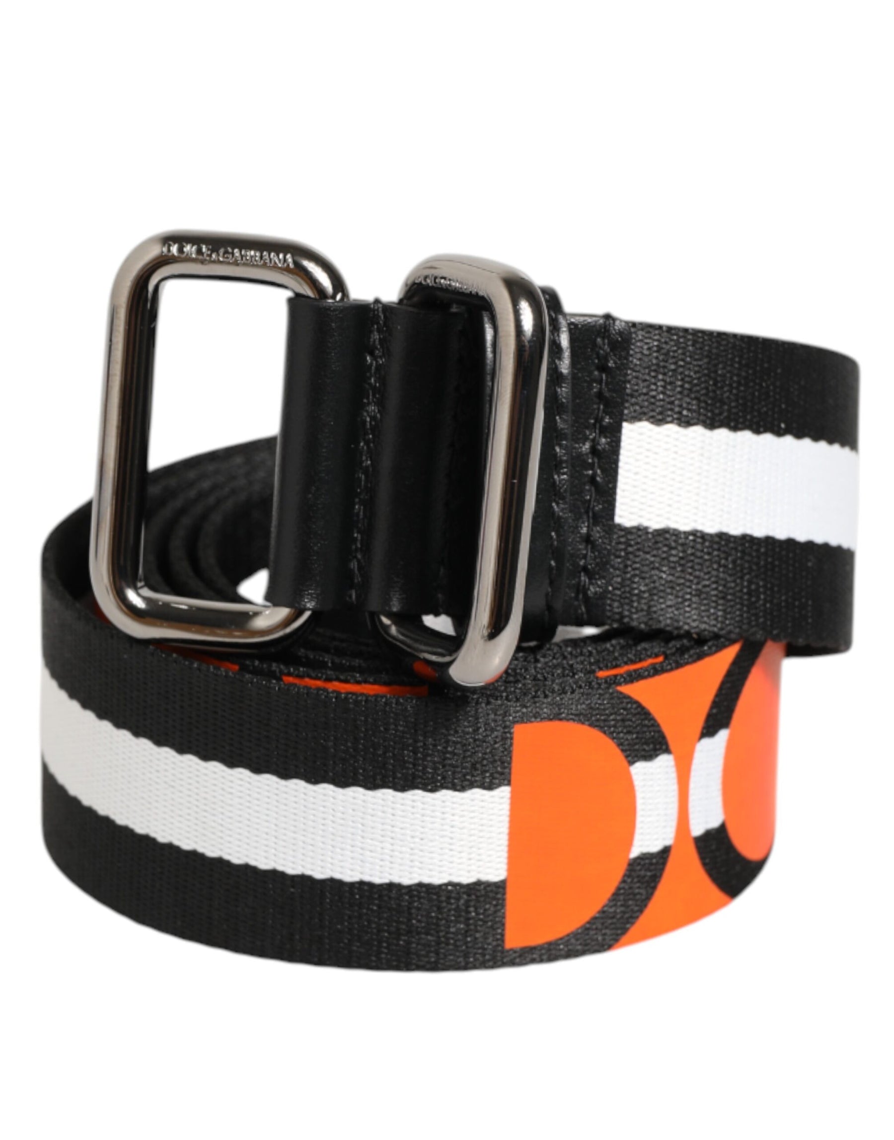 Dolce & Gabbana Black White Striped Logo Metal Buckle Belt | Regal Royce