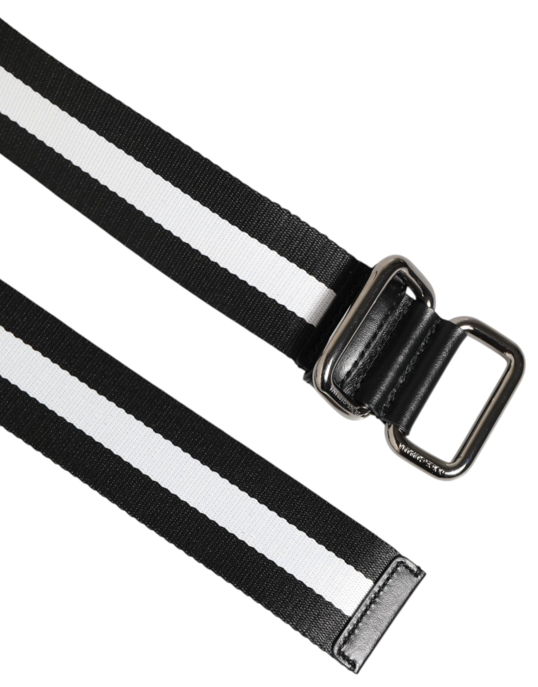 Dolce & Gabbana Black White Striped Logo Metal Buckle Belt | Regal Royce