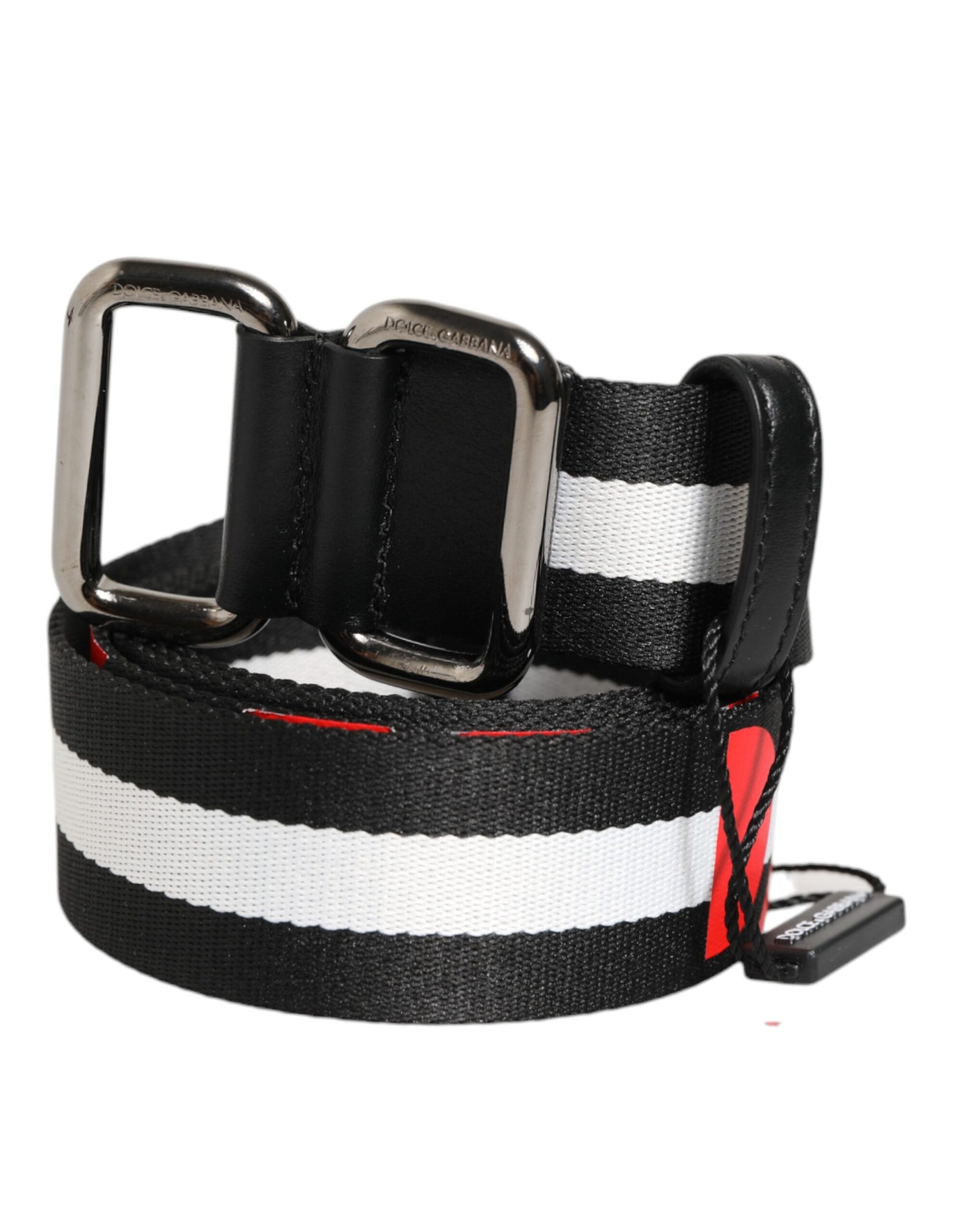 Dolce & Gabbana Black White Striped Logo Metal Buckle Belt | Regal Royce