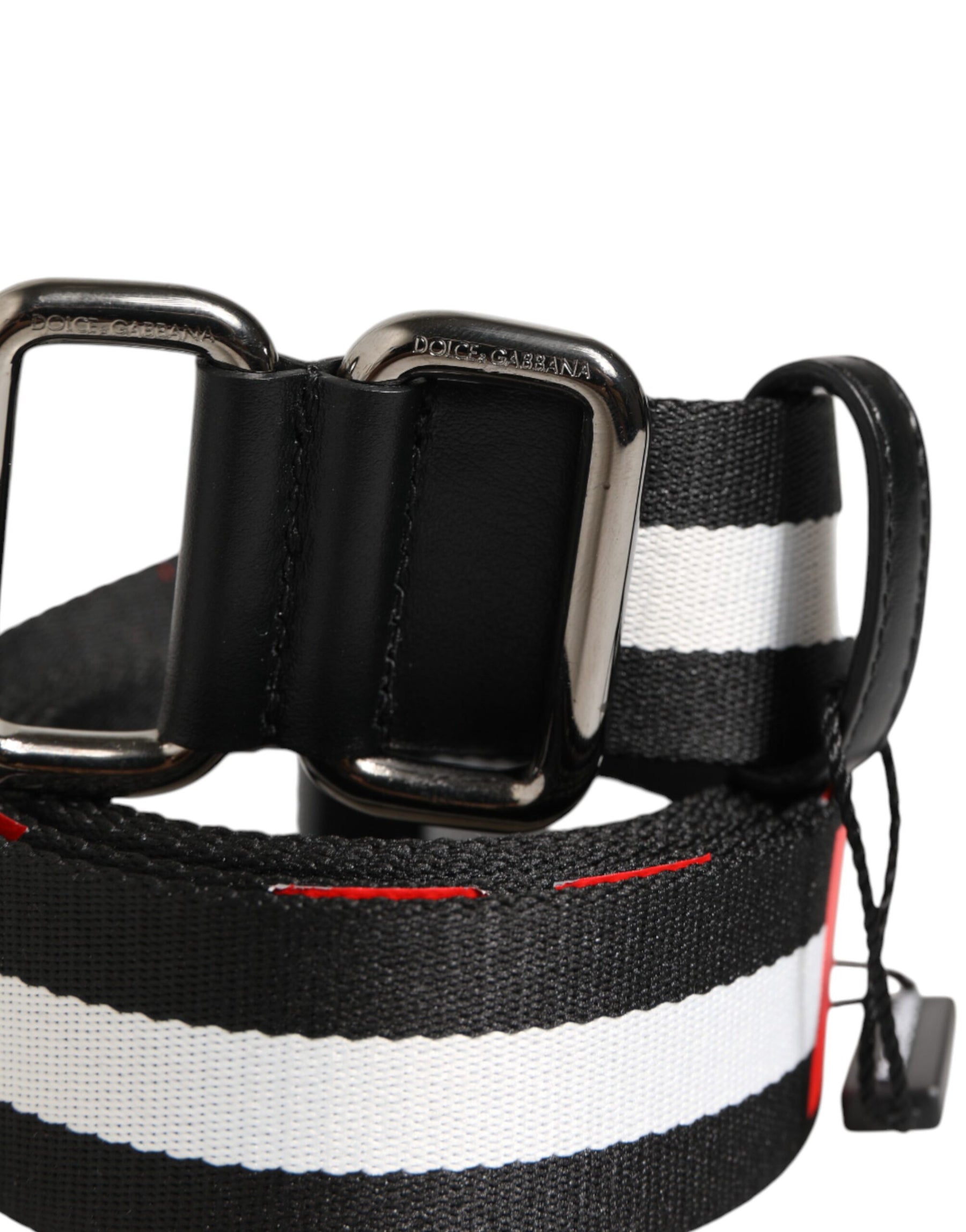 Dolce & Gabbana Black White Striped Logo Metal Buckle Belt | Regal Royce