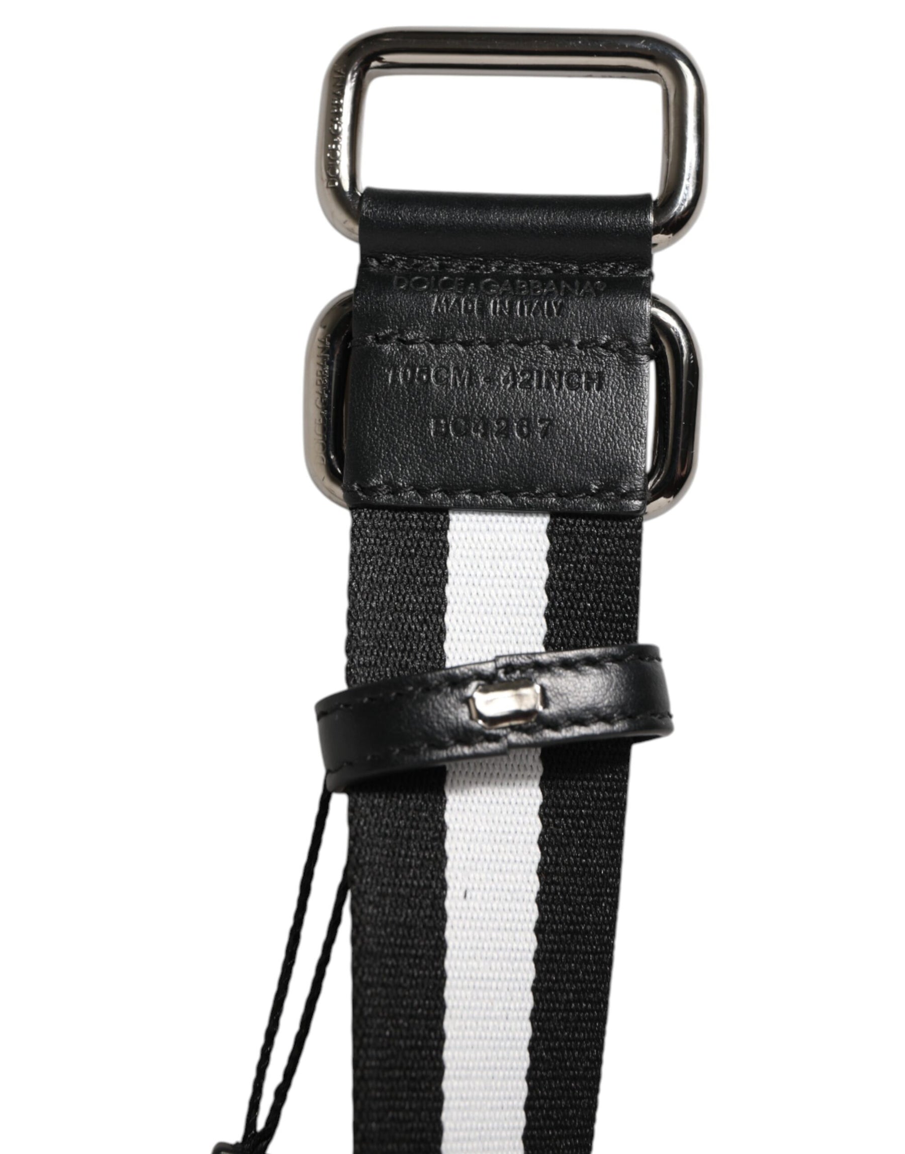 Dolce & Gabbana Black White Striped Logo Metal Buckle Belt | Regal Royce