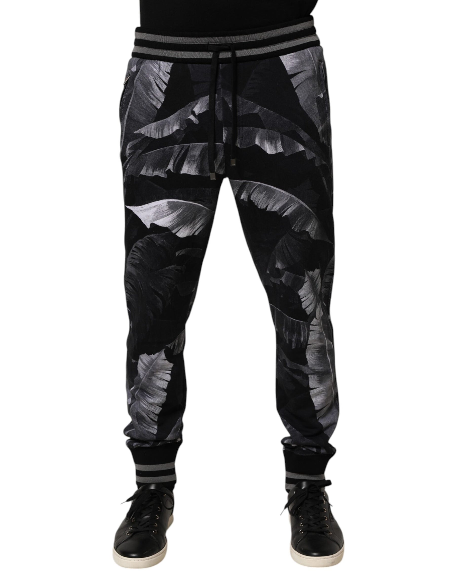 Dolce & Gabbana Black Banana Leaf Cotton Jogger Trouser Pants | Regal Royce