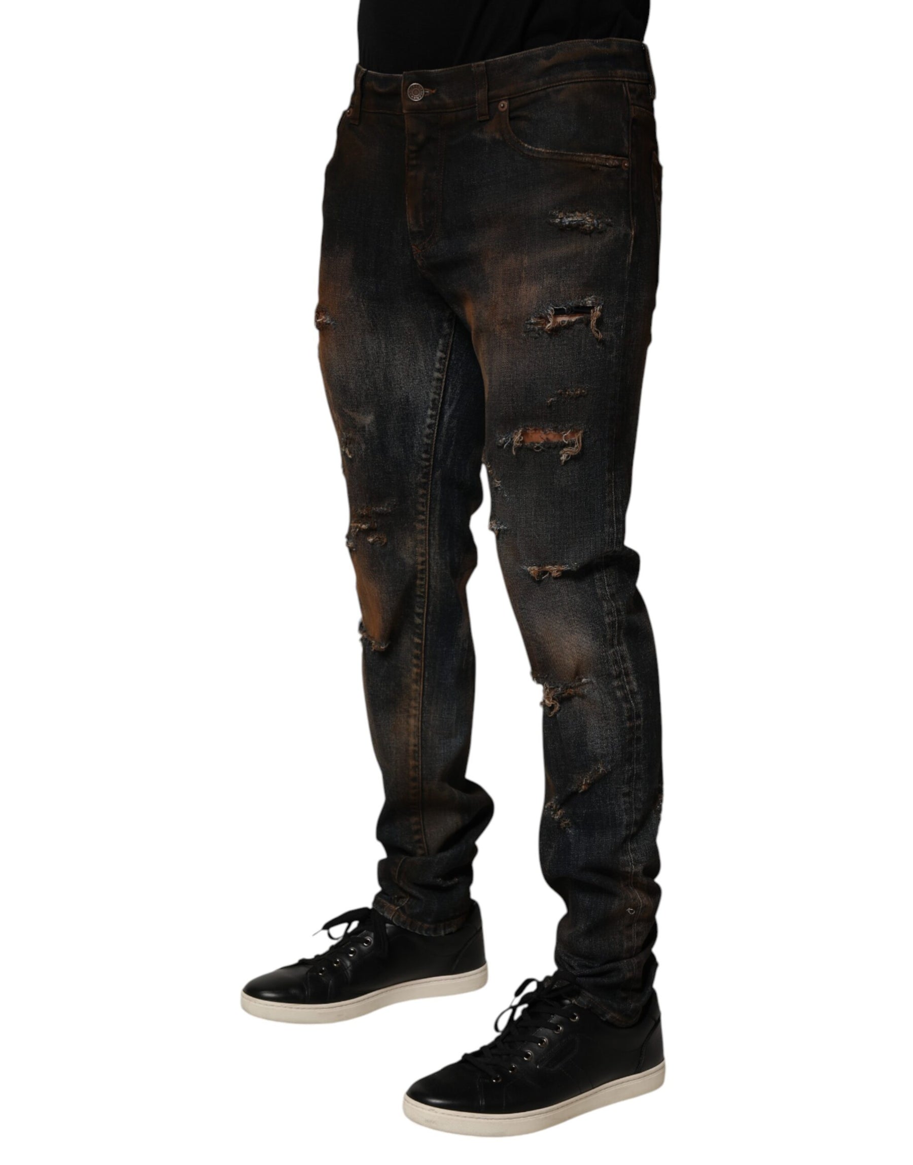 Dolce & Gabbana Black Cotton Skinny Tattered Men Denim Jeans | Regal Royce