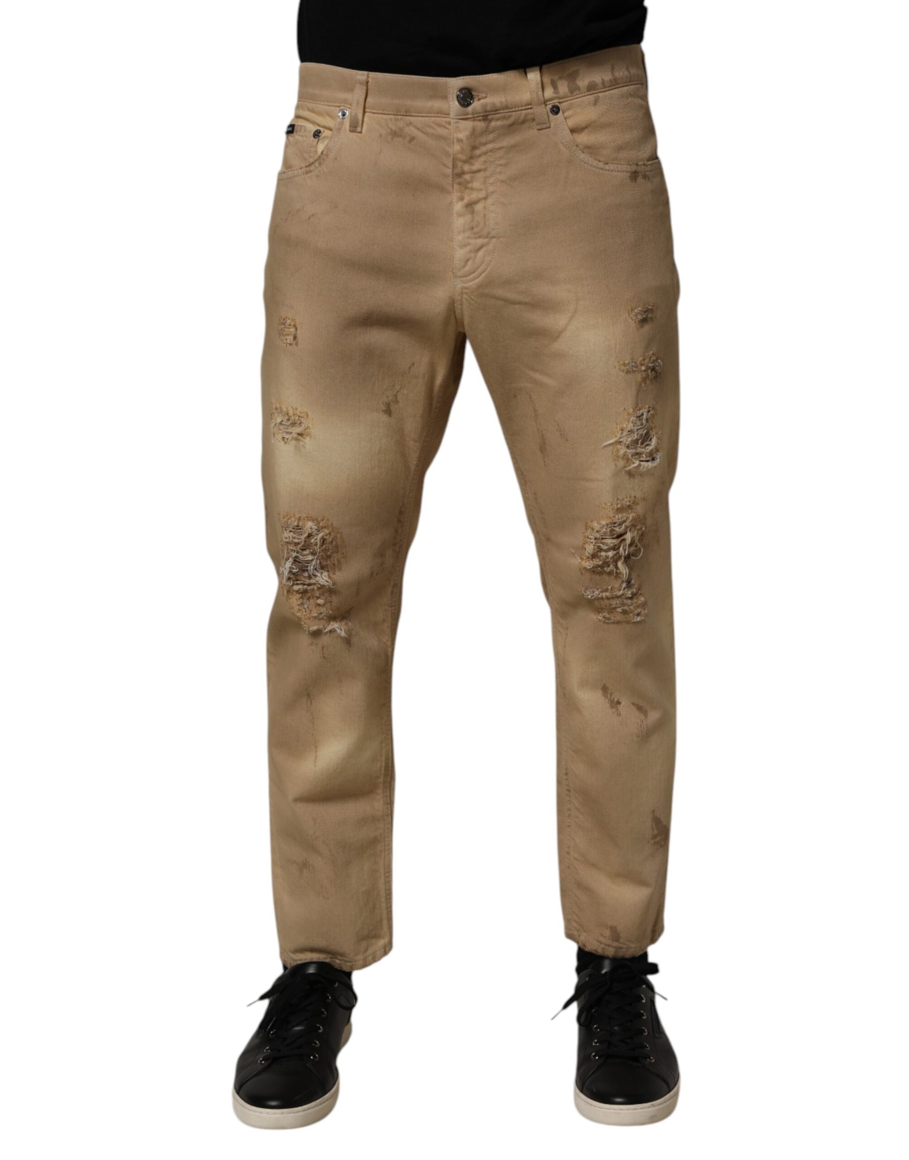Dolce & Gabbana Beige Cotton Loose Tattered Men Denim Jeans | Regal Royce
