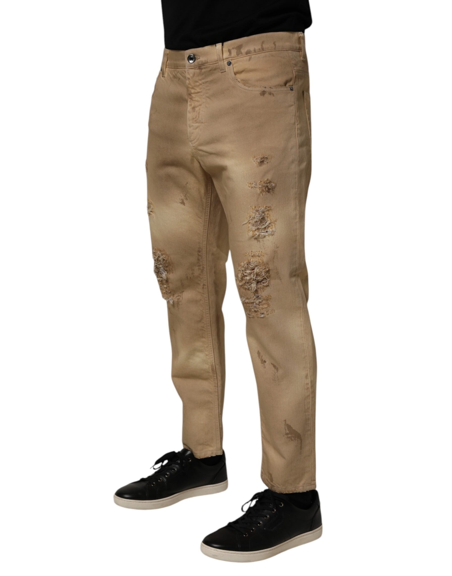 Dolce & Gabbana Beige Cotton Loose Tattered Men Denim Jeans | Regal Royce