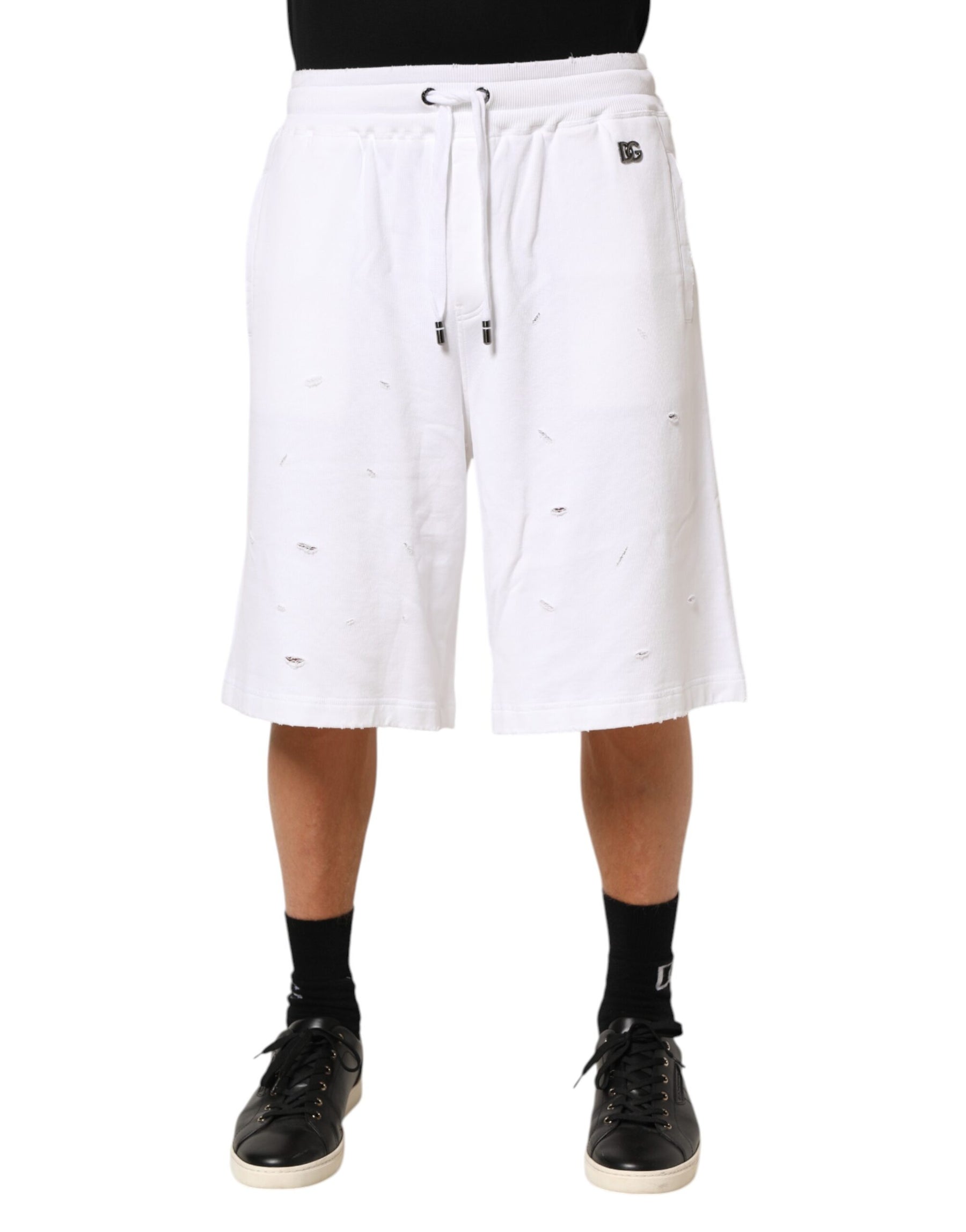 Dolce & Gabbana White Cotton Ripped Bermuda Sweatpants Shorts | Regal Royce