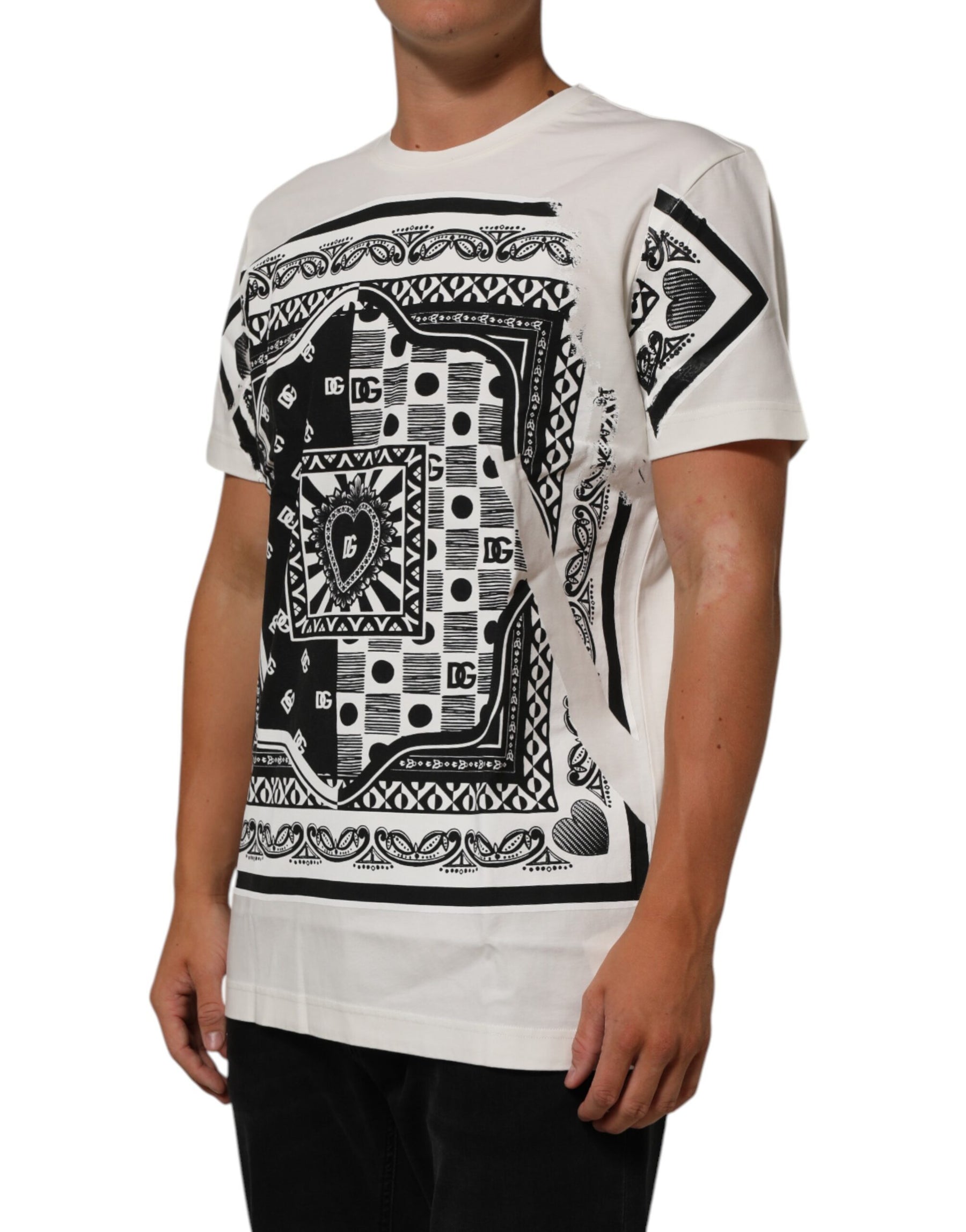 Dolce & Gabbana White Cotton Logo Bandana Print Men T-shirt | Regal Royce