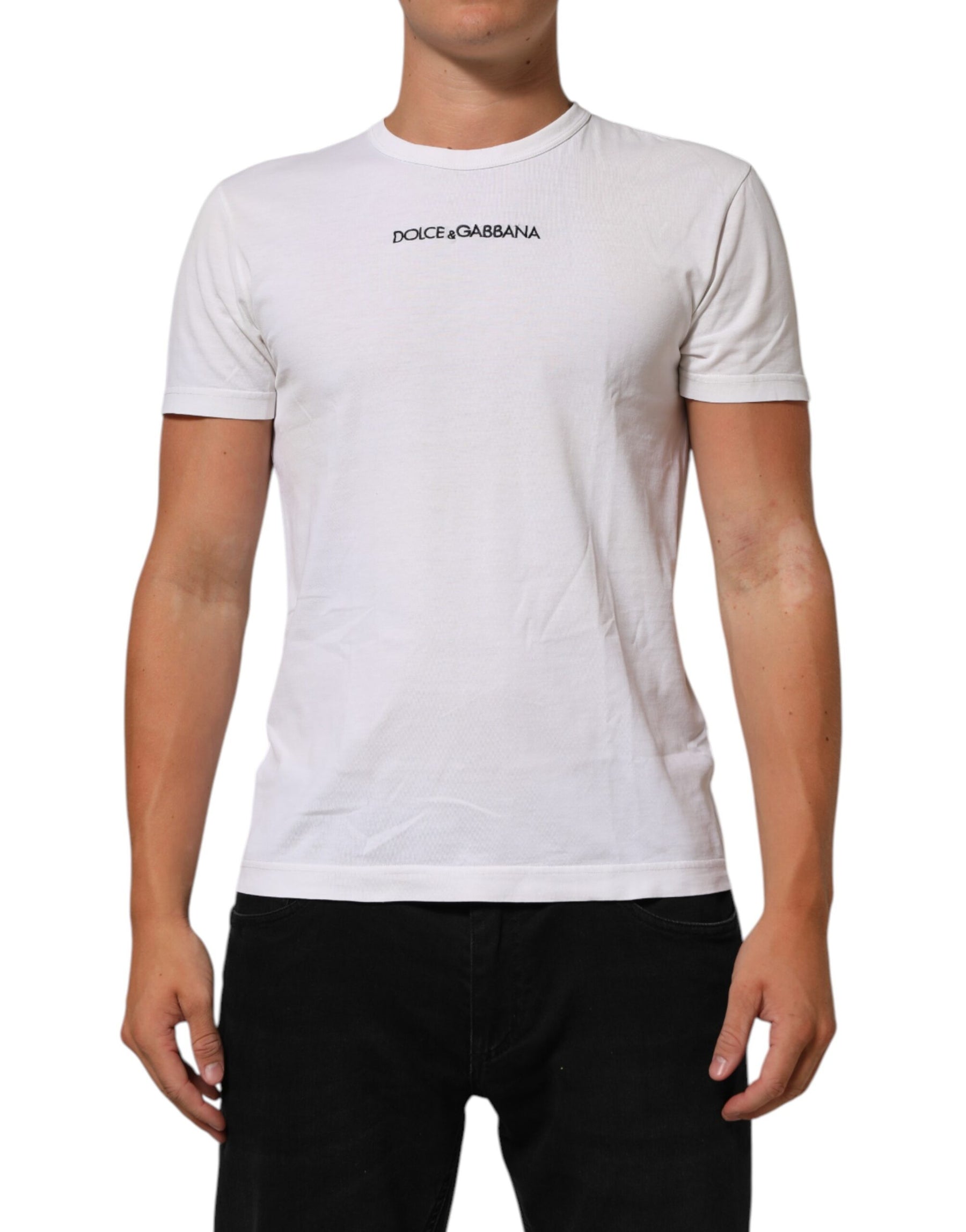 Dolce & Gabbana White Logo Print Cotton Crew Neck Men T-shirt | Regal Royce