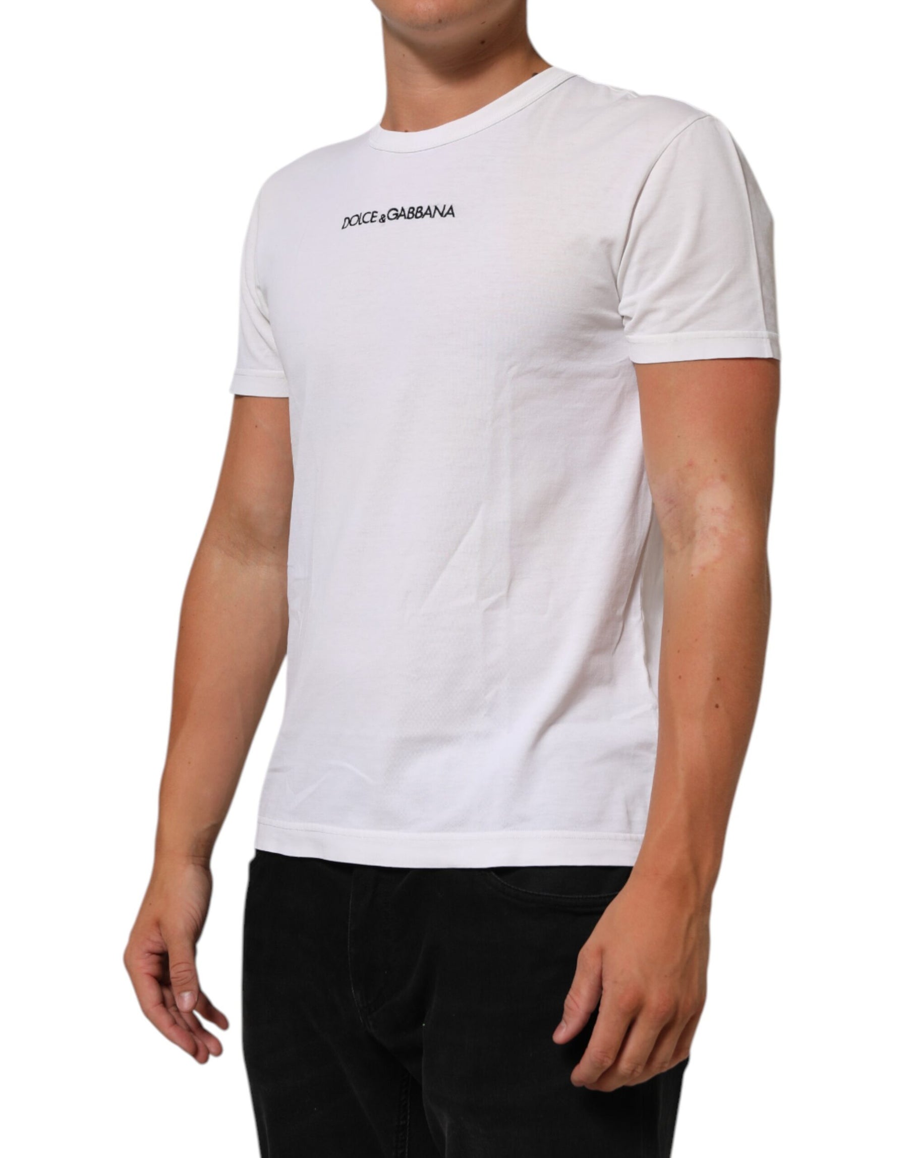 Dolce & Gabbana White Logo Print Cotton Crew Neck Men T-shirt | Regal Royce