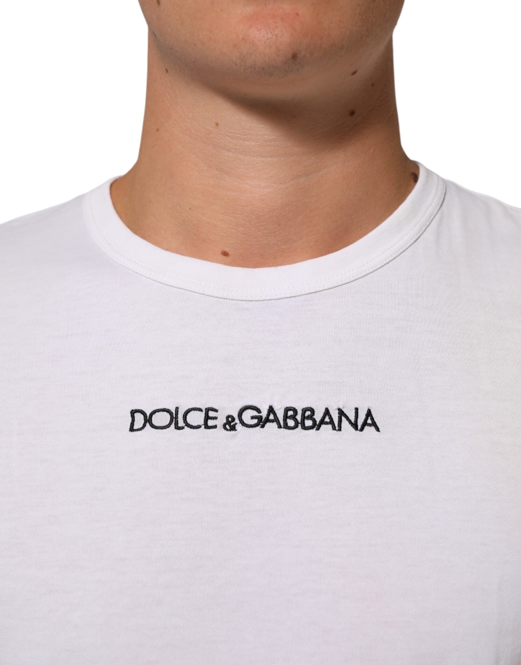 Dolce & Gabbana White Logo Print Cotton Crew Neck Men T-shirt | Regal Royce