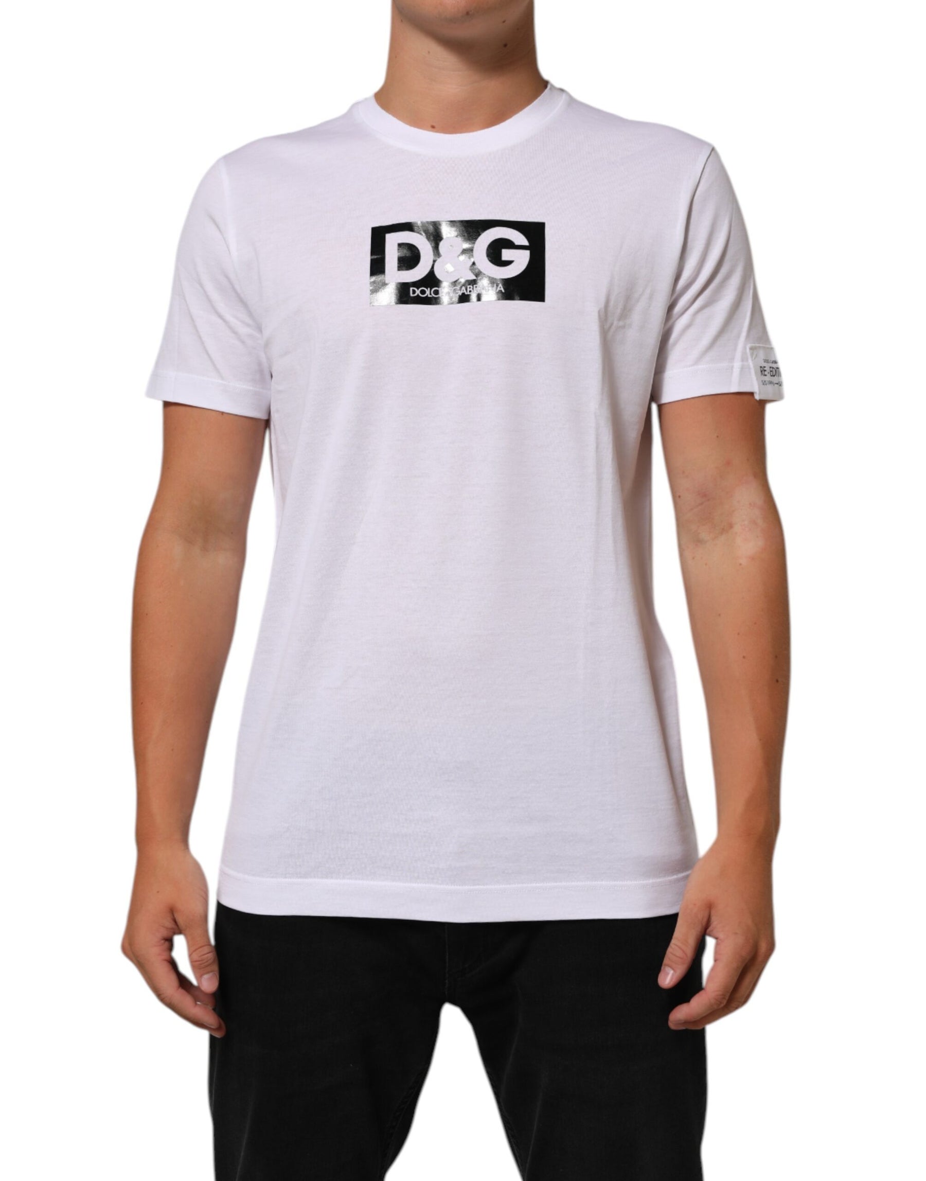 Dolce & Gabbana White Logo Print Cotton Crew Neck T-shirt | Regal Royce