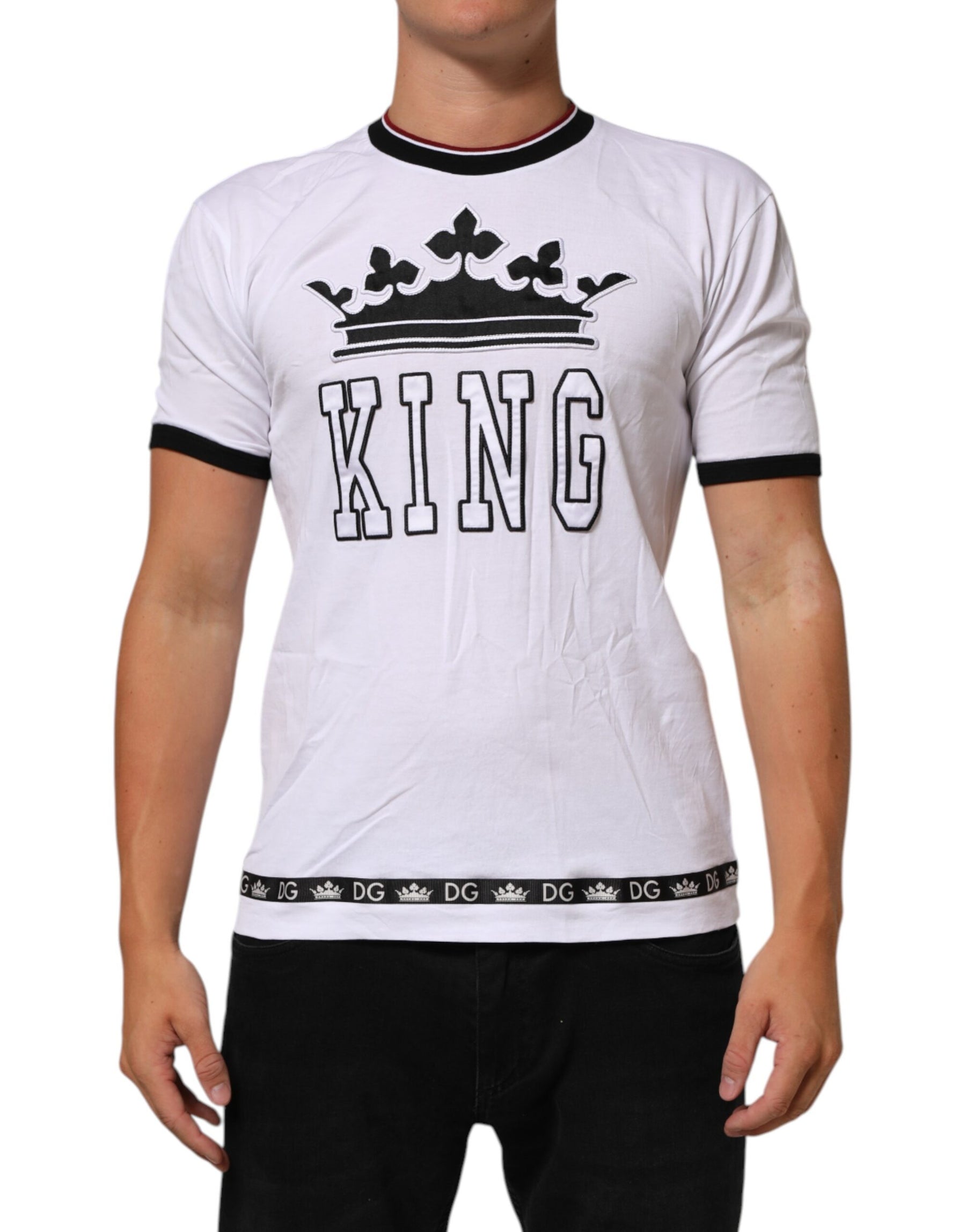 Dolce & Gabbana White Cotton Crown King Embroidery T-shirt | Regal Royce