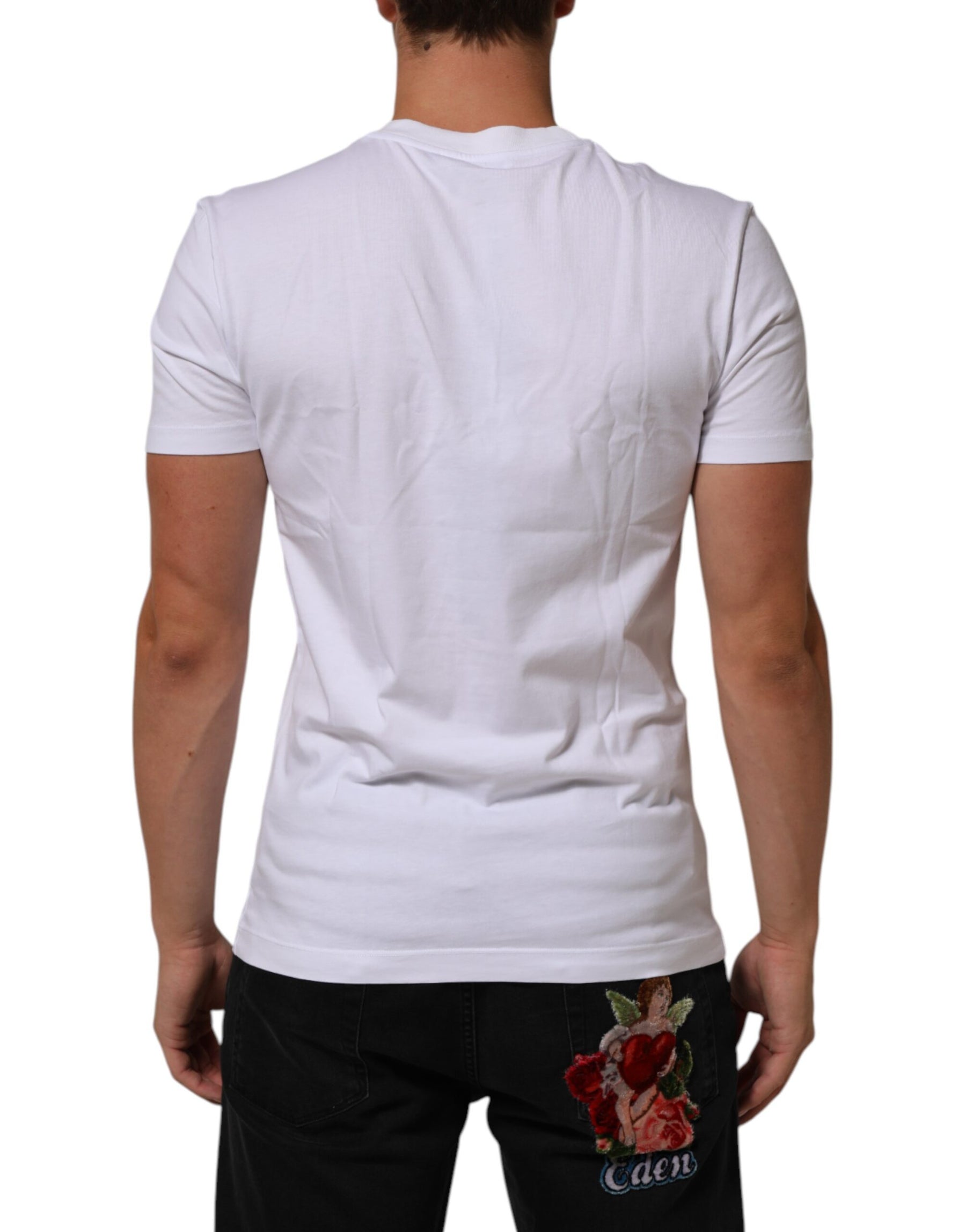 Dolce & Gabbana White Cotton Logo Print Crew Neck Men T-shirt | Regal Royce