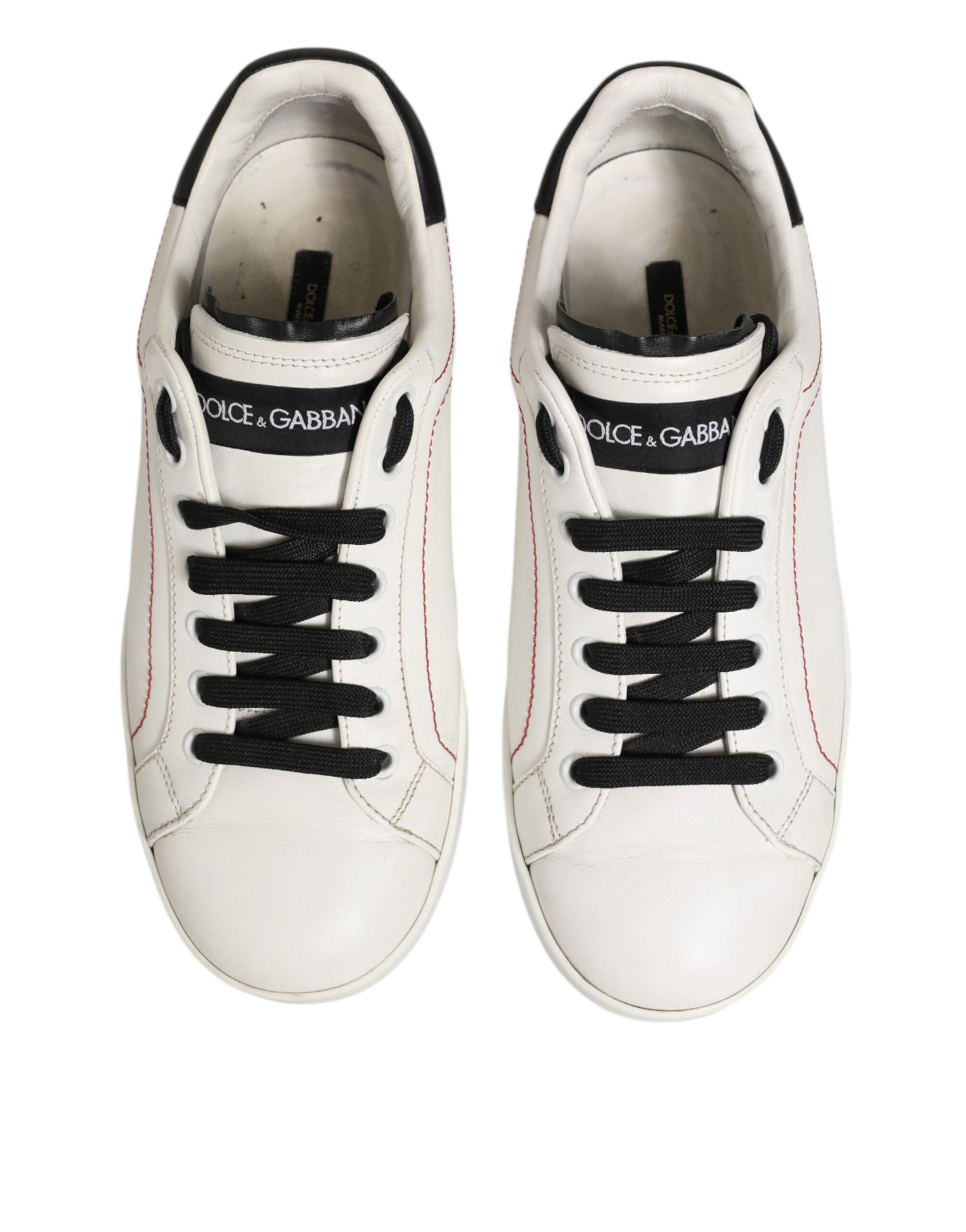 Dolce & Gabbana White Black Leather Low Top Sneaker Shoes