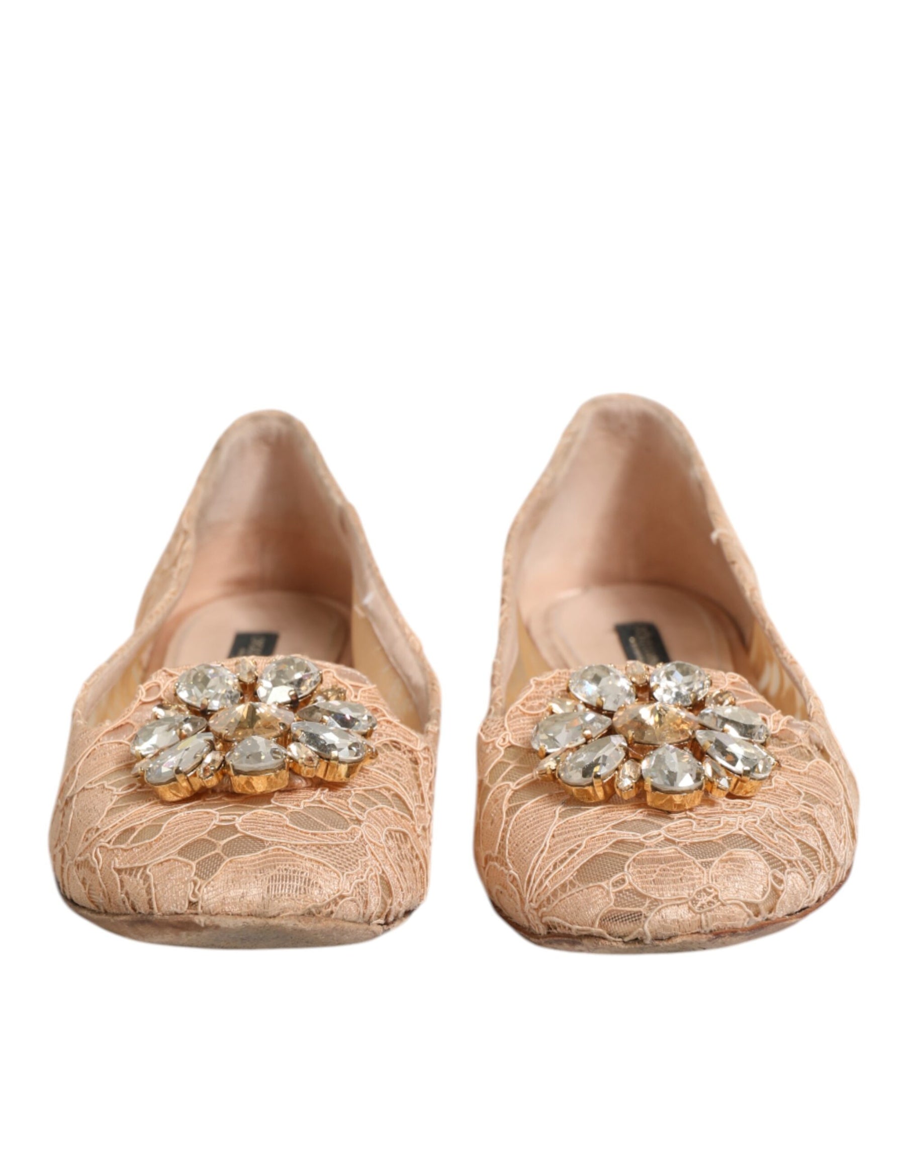 Dolce & Gabbana Beige Taormina Lace Crystals Flats Shoes | Regal Royce
