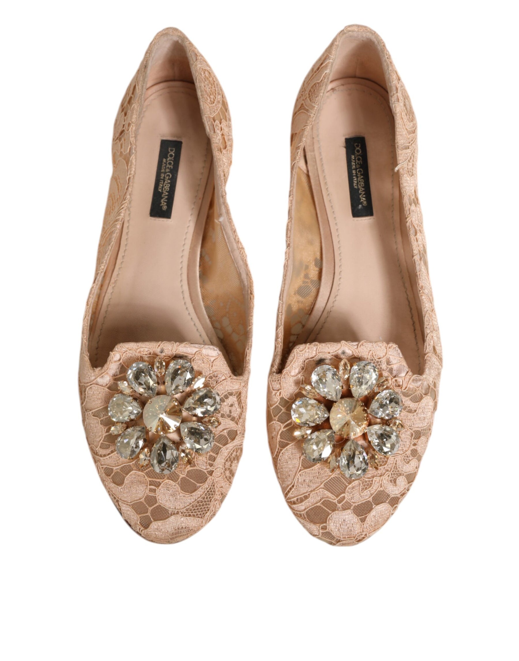 Dolce & Gabbana Beige Taormina Lace Crystals Flats Shoes | Regal Royce
