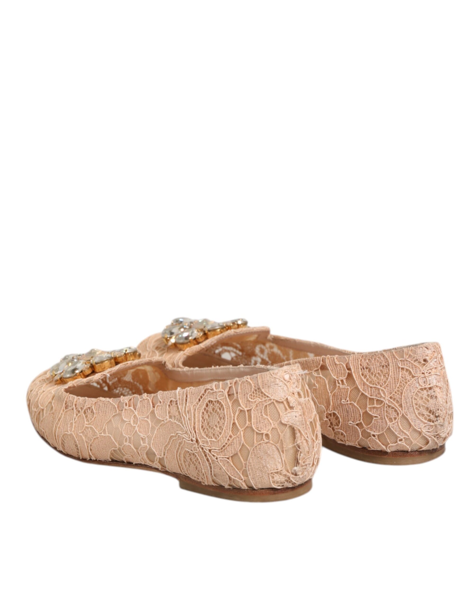 Dolce & Gabbana Beige Taormina Lace Crystals Flats Shoes | Regal Royce