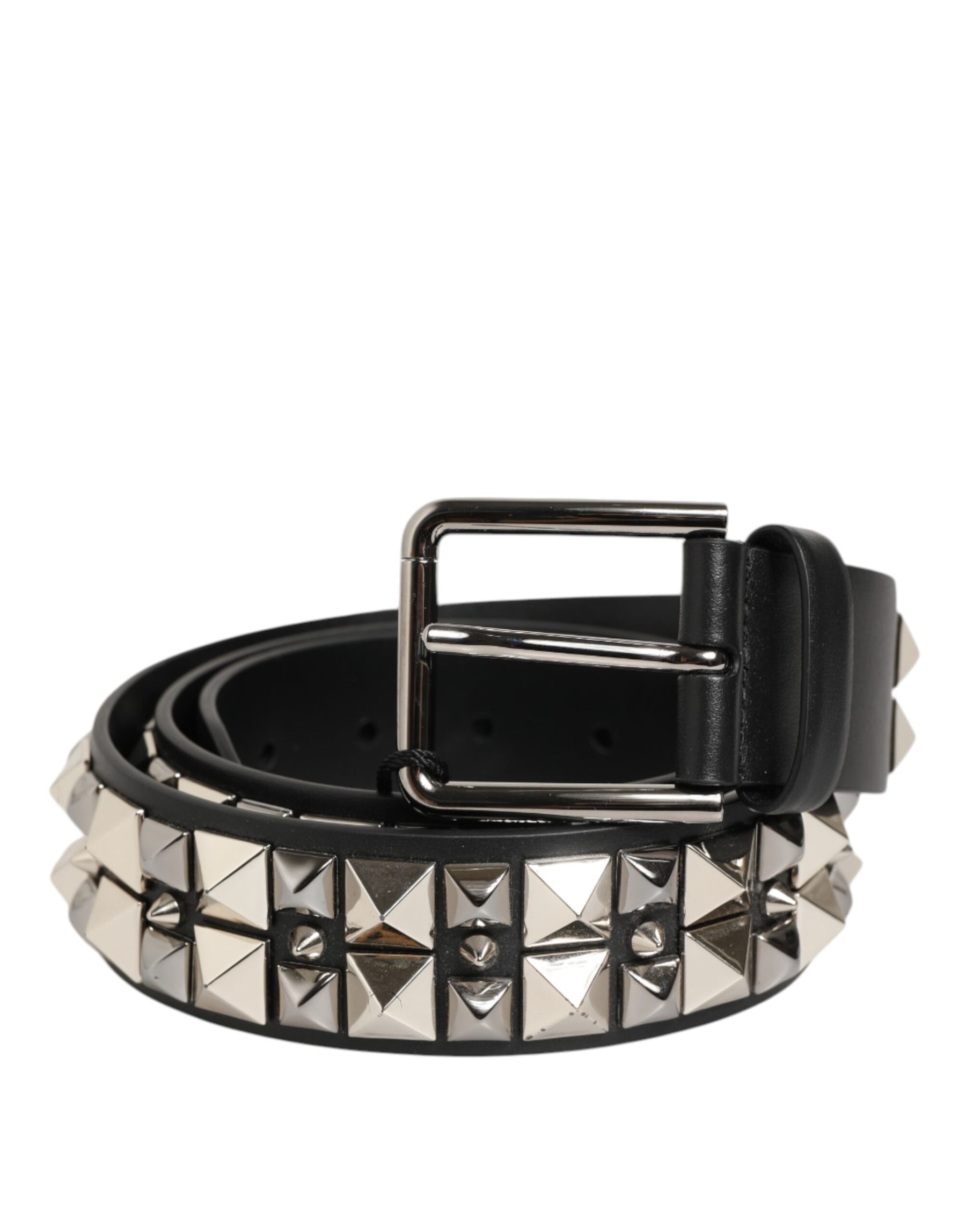 Dolce & Gabbana Black Calf Leather Studded Silver Buckle Belt | Regal Royce