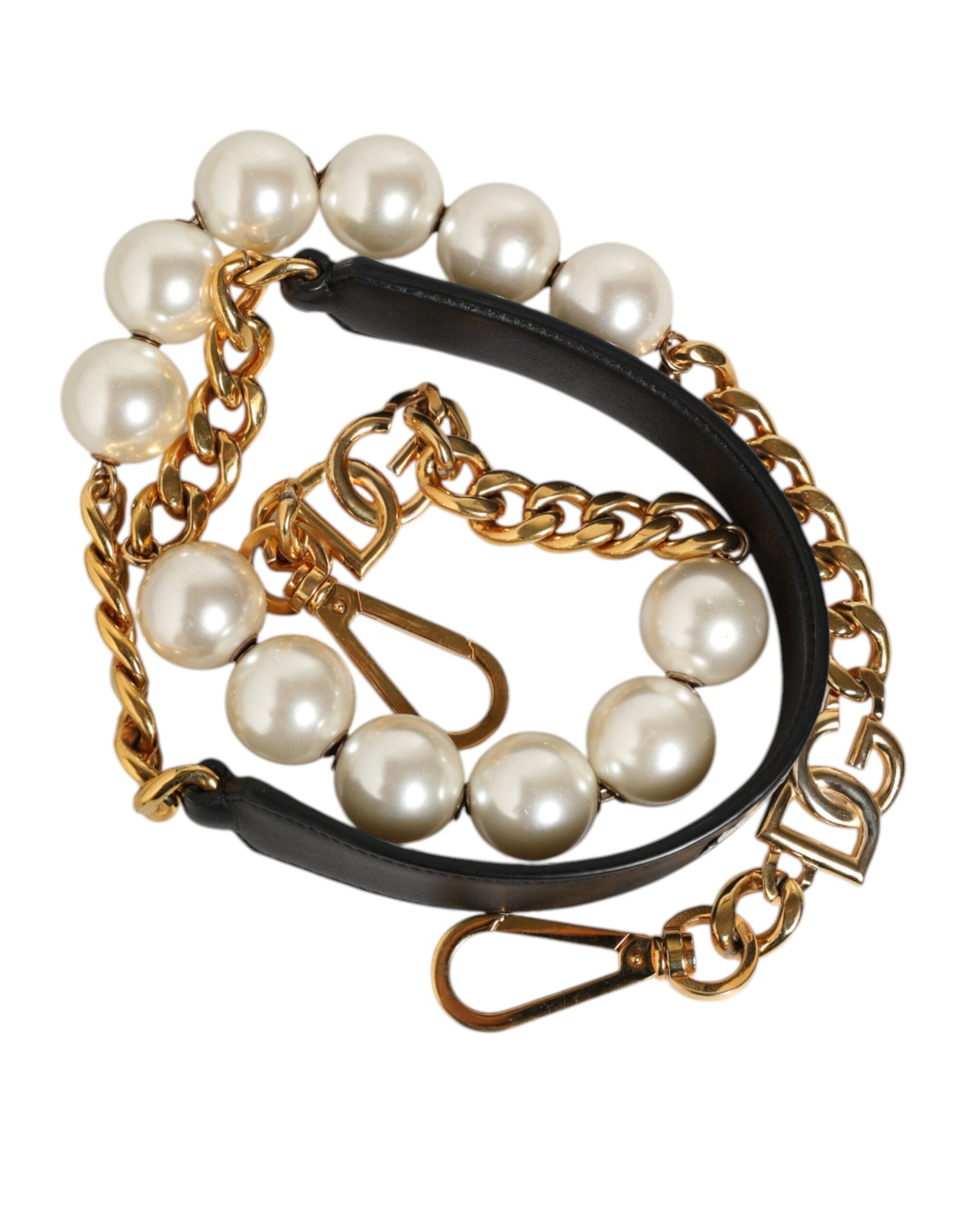 Dolce & Gabbana Black Leather Pearl Chain Bag Accessory Shoulder Strap | Regal Royce