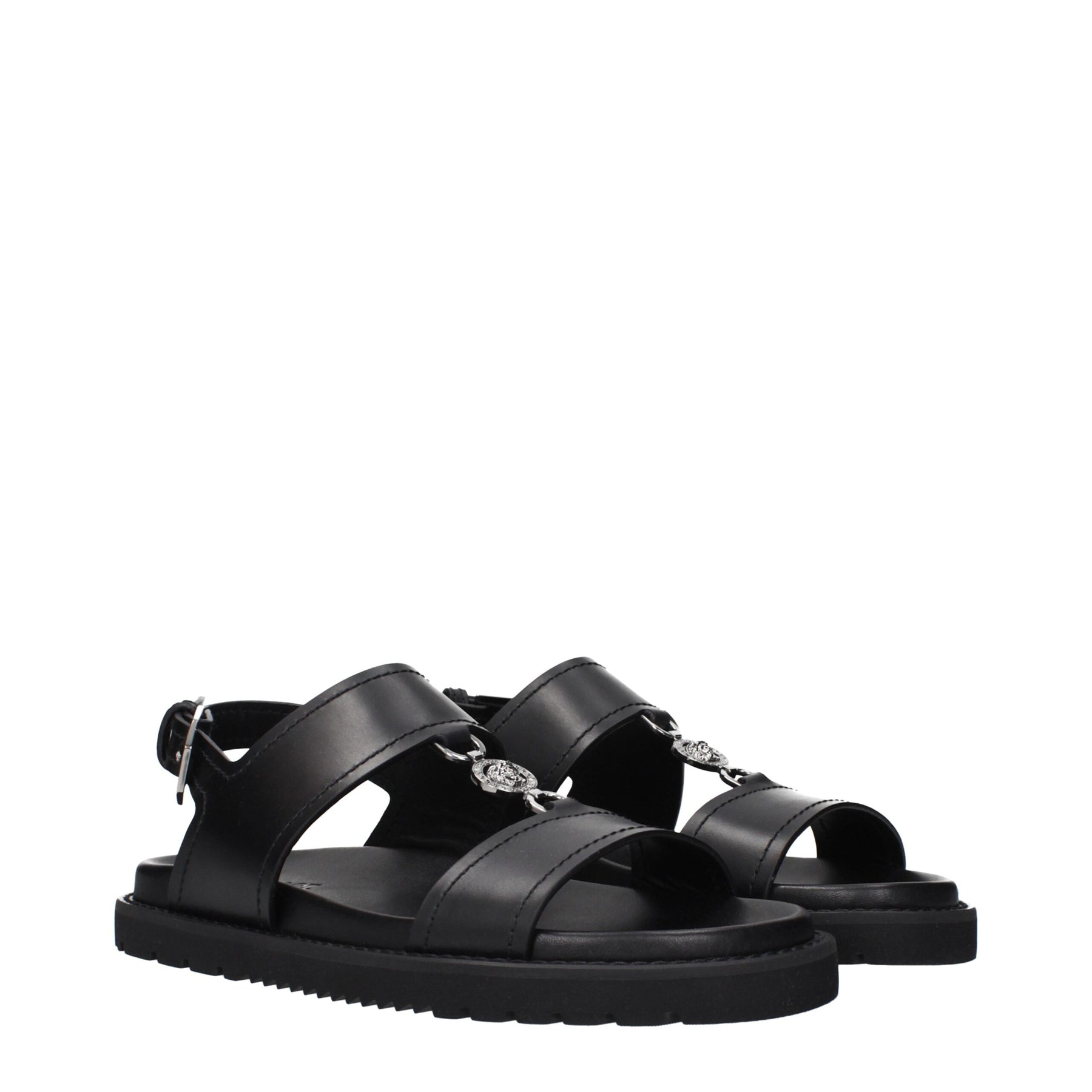 Versace Black Leather Flat Sandals | Regal Royce
