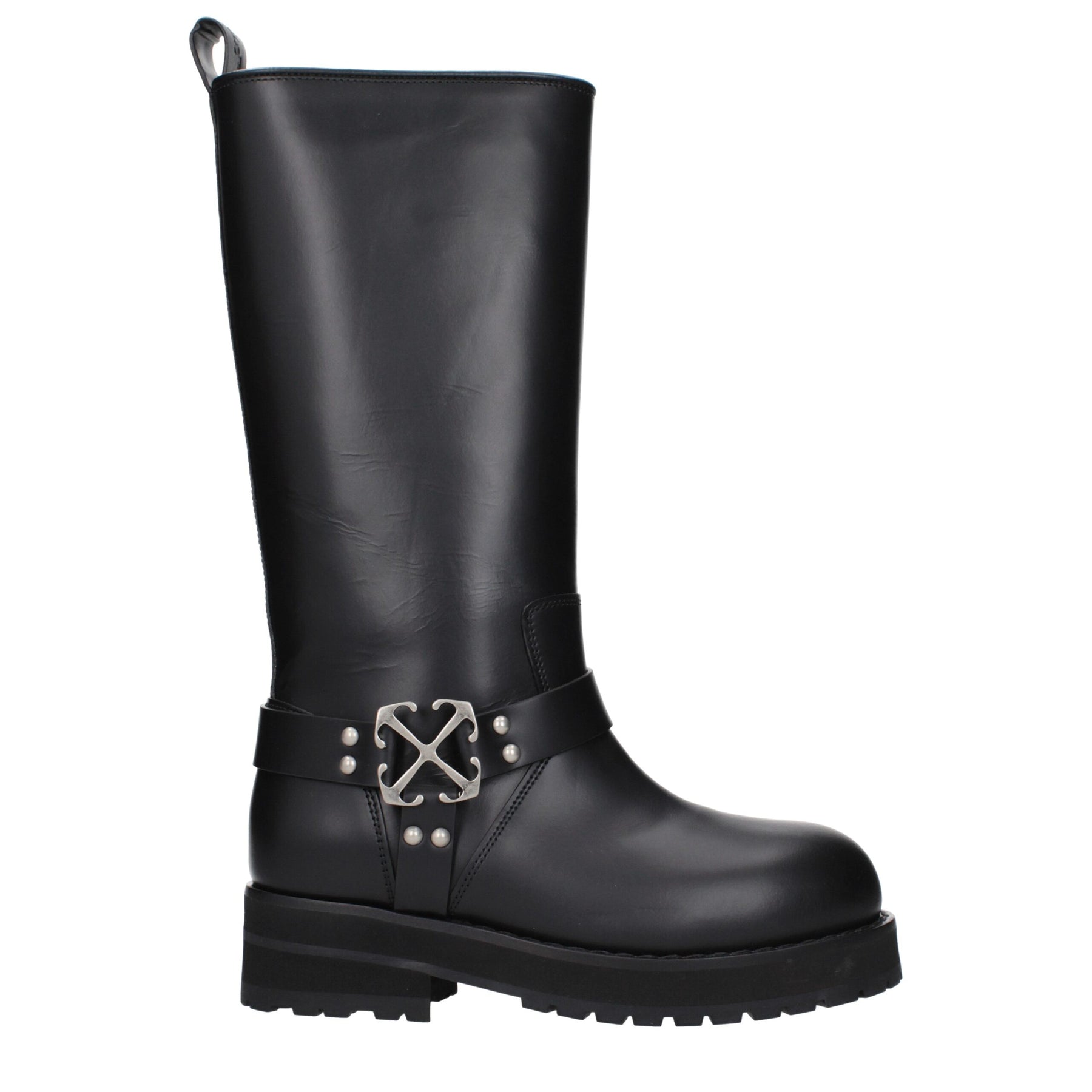Off-White Black Leather Flat Boots | Regal Royce