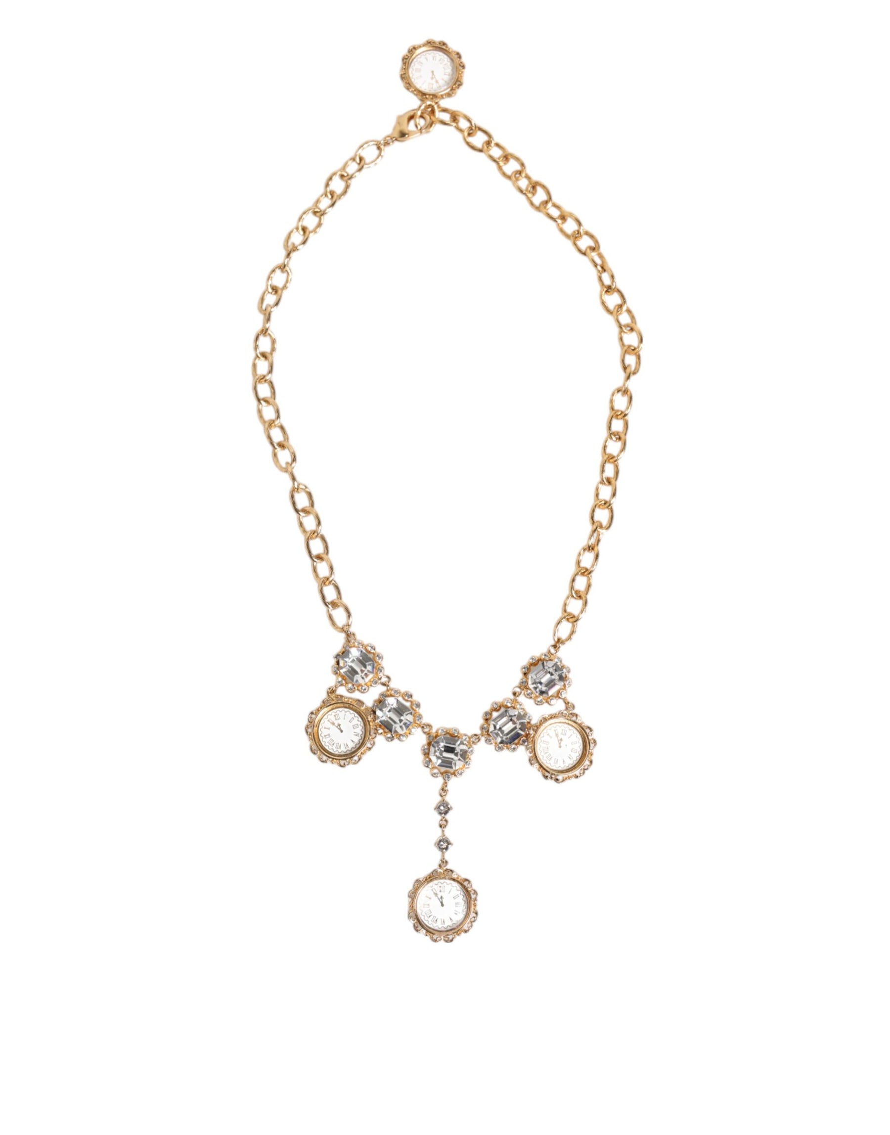 Dolce & Gabbana Gold Crystal Clock Pendant Statement Jewelry Necklace | Regal Royce
