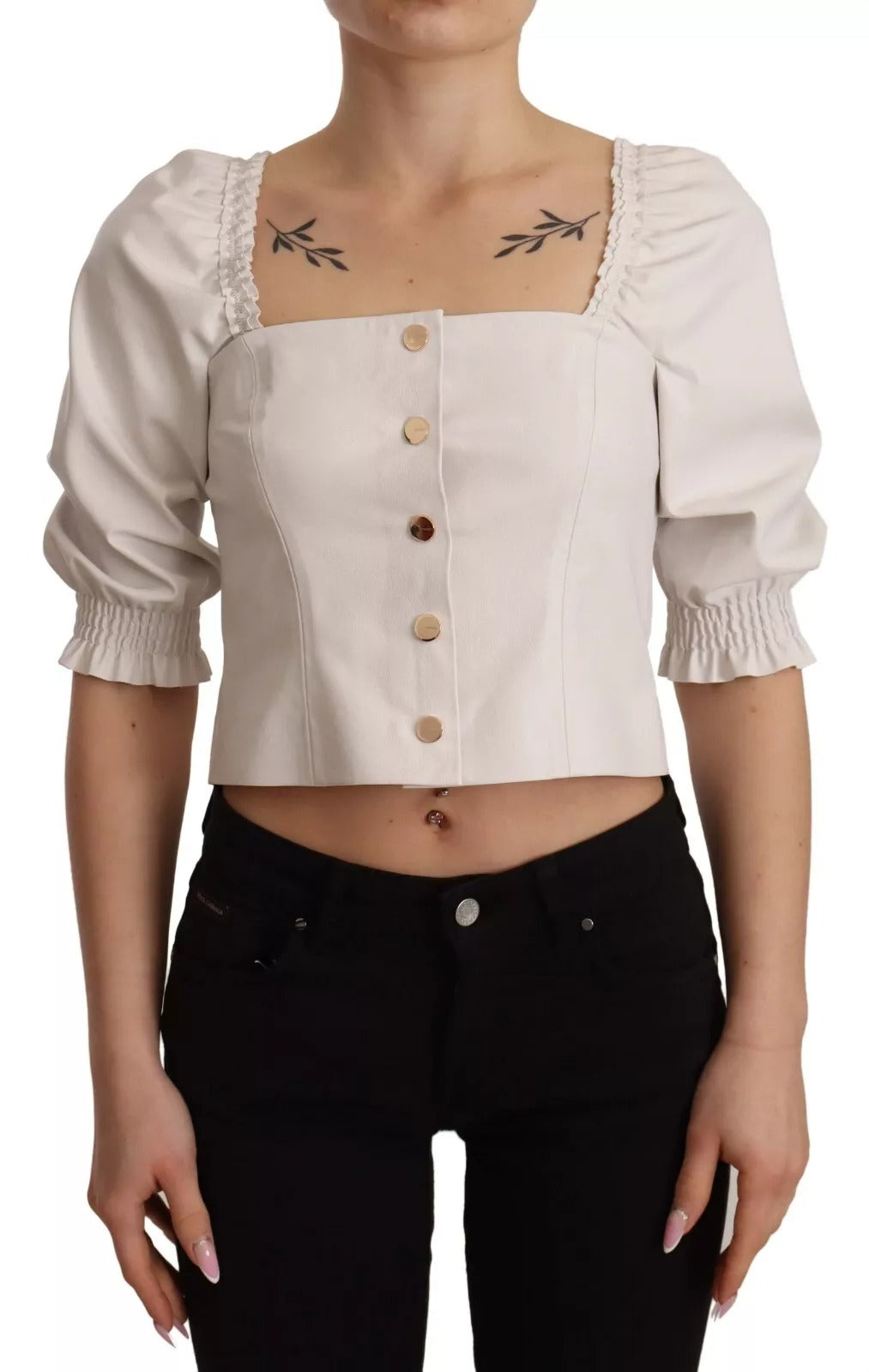 PINKO White Square Neck Button Down Crop Blouse | Regal Royce