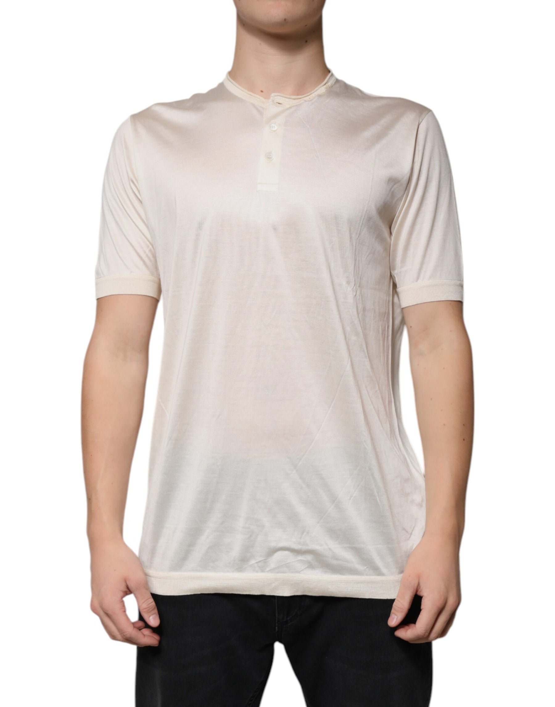Dolce & Gabbana Off White Silk Henley Short Sleeves T-Shirt | Regal Royce