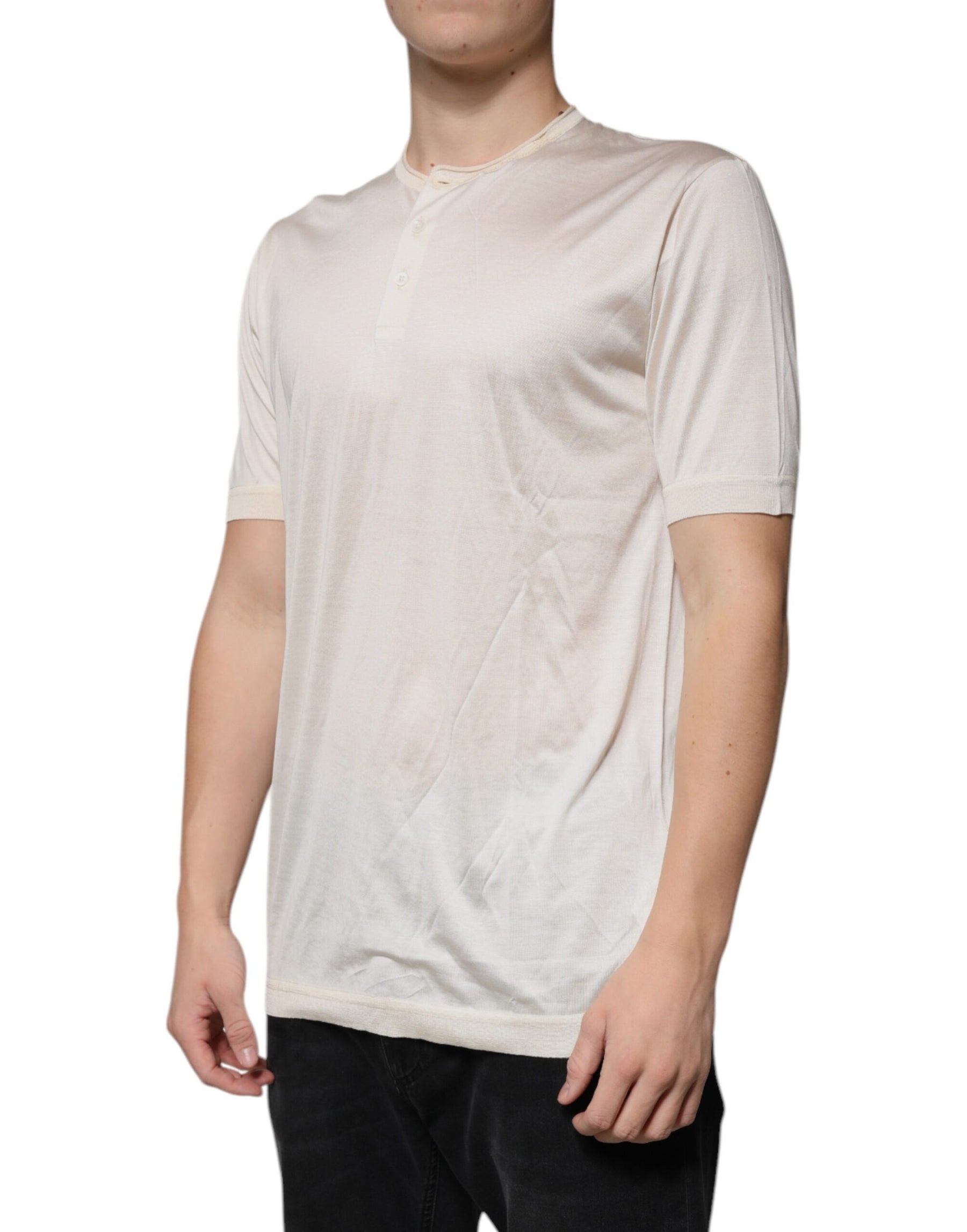 Dolce & Gabbana Off White Silk Henley Short Sleeves T-Shirt | Regal Royce