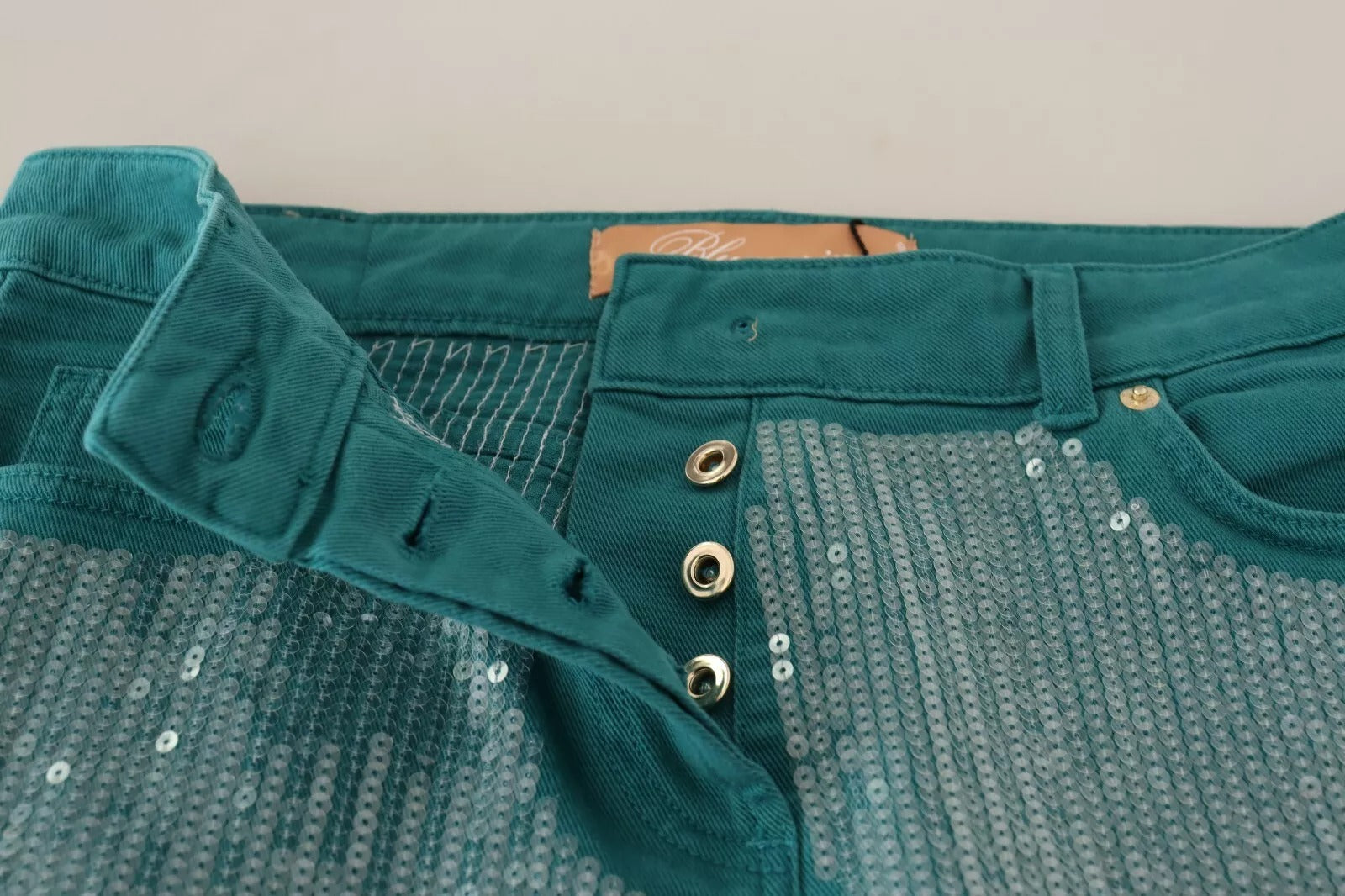 Blumarine Cadet Blue Sequined Low Waist Cropped Trouser Pants | Regal Royce