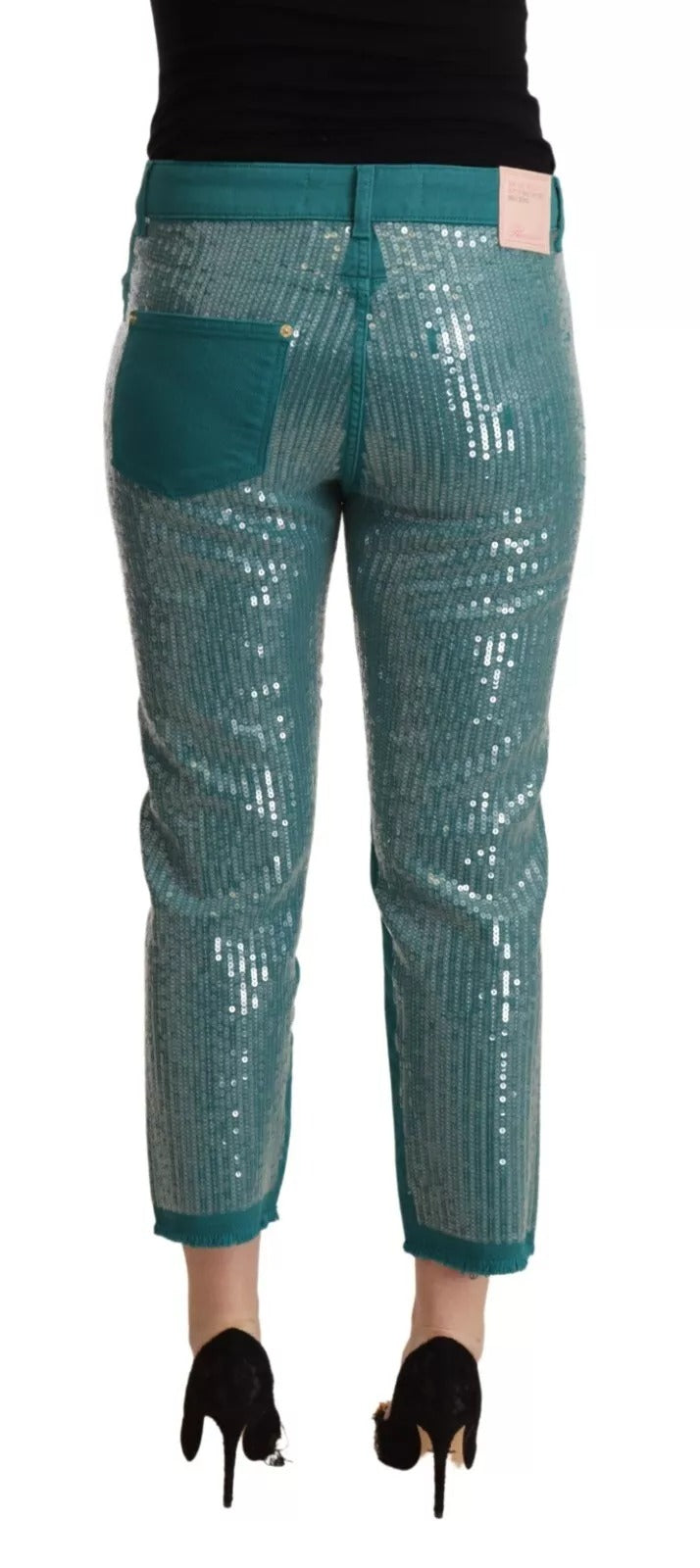Blumarine Cadet Blue Sequined Low Waist Cropped Trouser Pants | Regal Royce