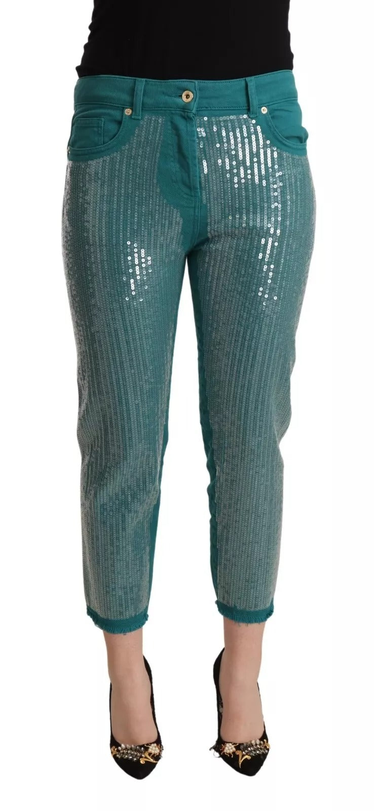Blumarine Cadet Blue Sequined Low Waist Cropped Trouser Pants | Regal Royce