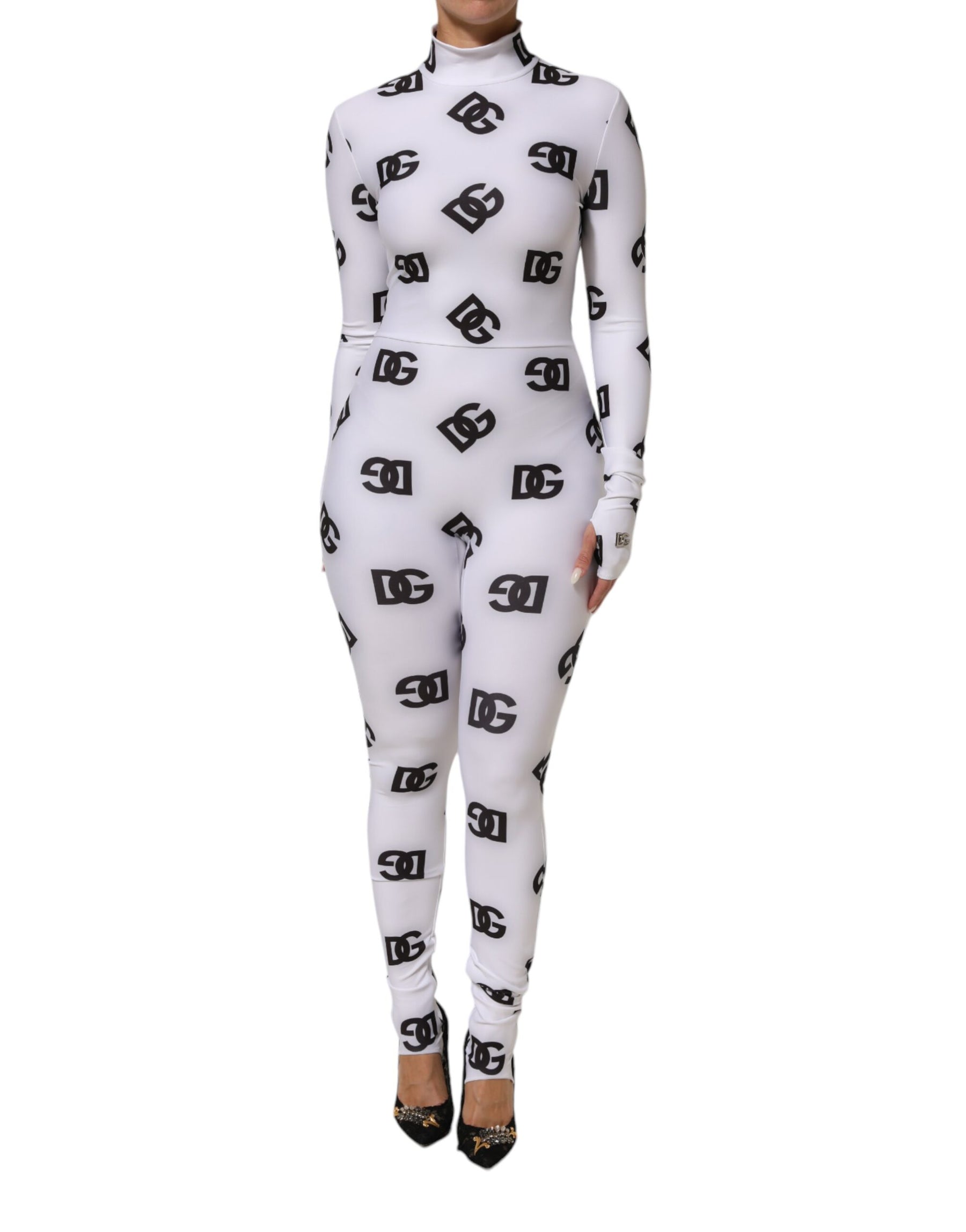 Dolce & Gabbana Black White Logo Monogram Long Sleeves Jumpsuit Dress | Regal Royce