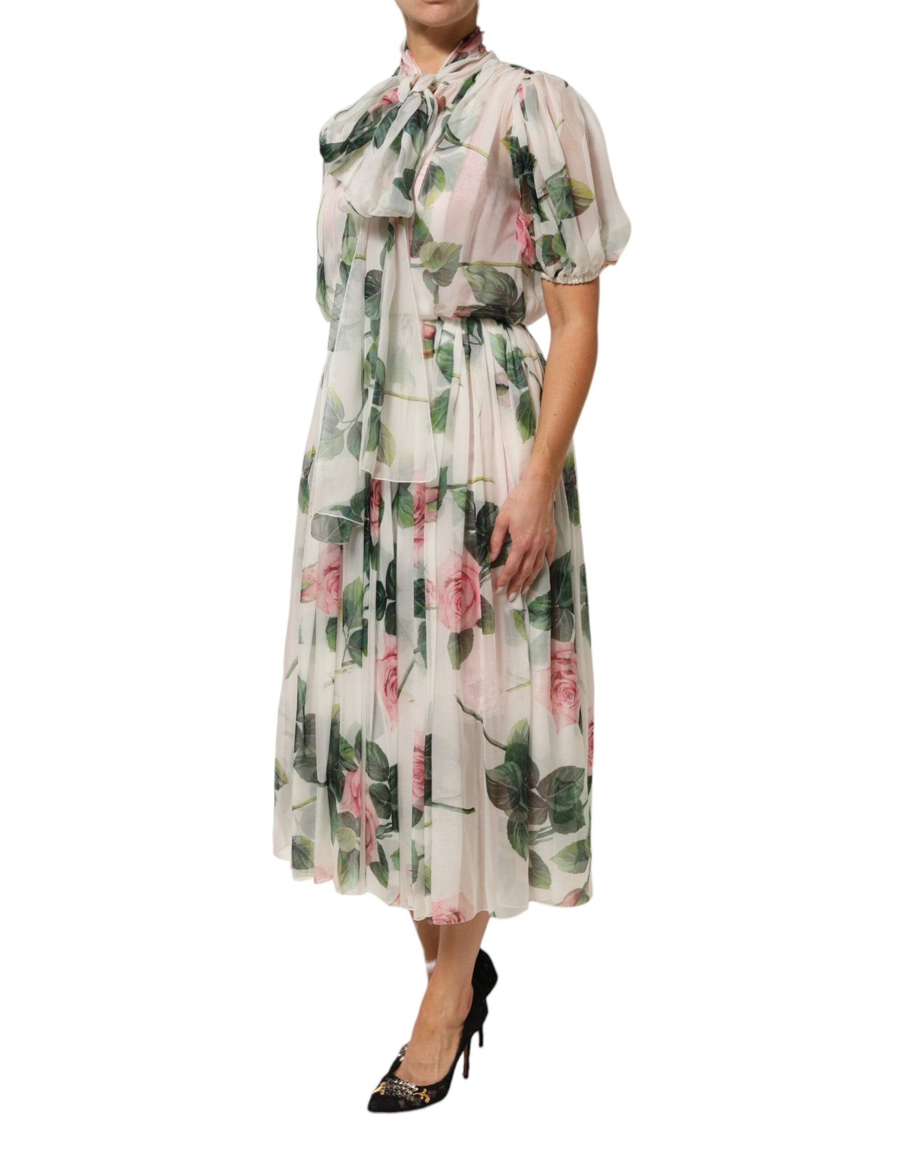 Dolce & Gabbana White Floral Print Silk Pleated Midi Dress | Regal Royce