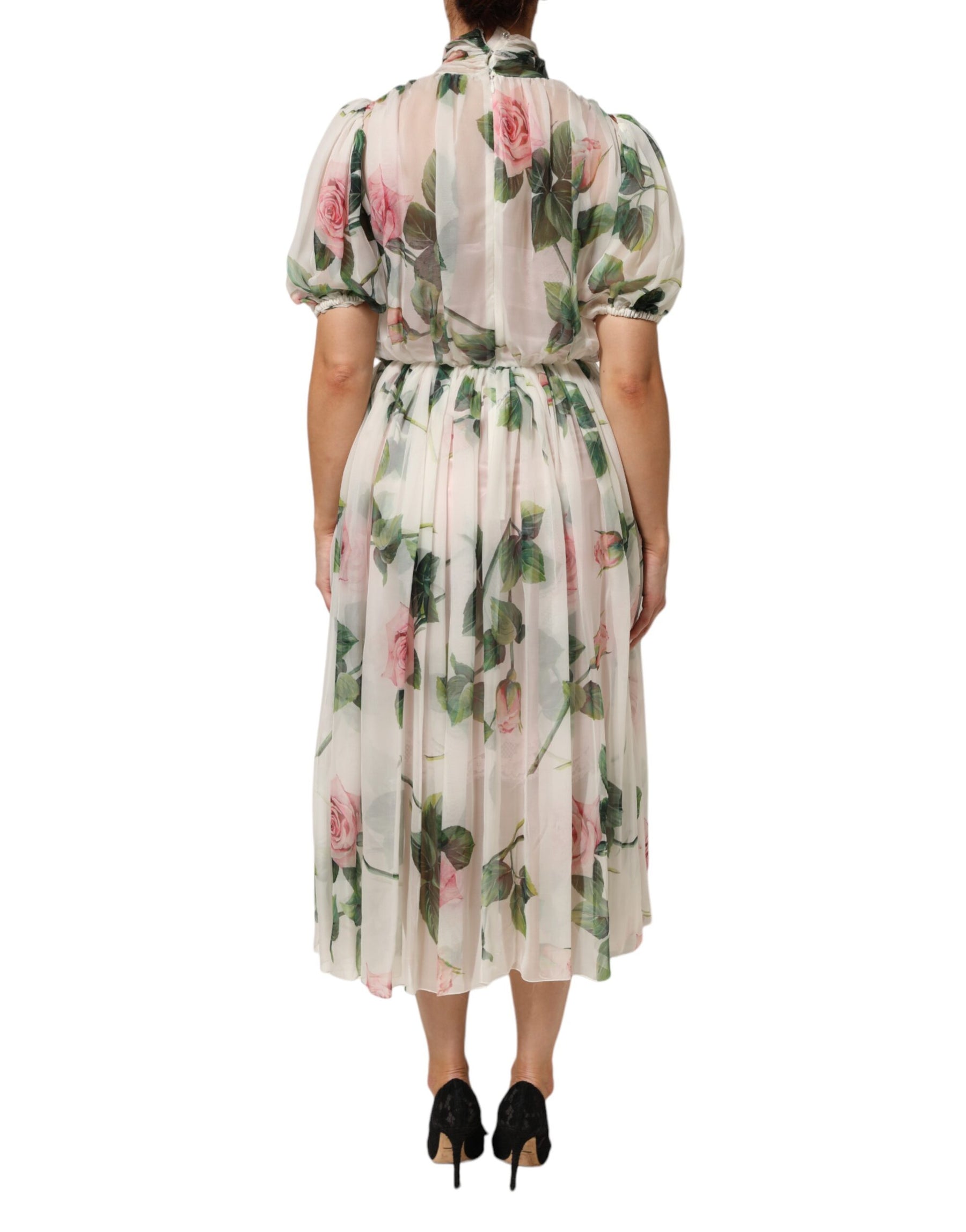 Dolce & Gabbana White Floral Print Silk Pleated Midi Dress | Regal Royce