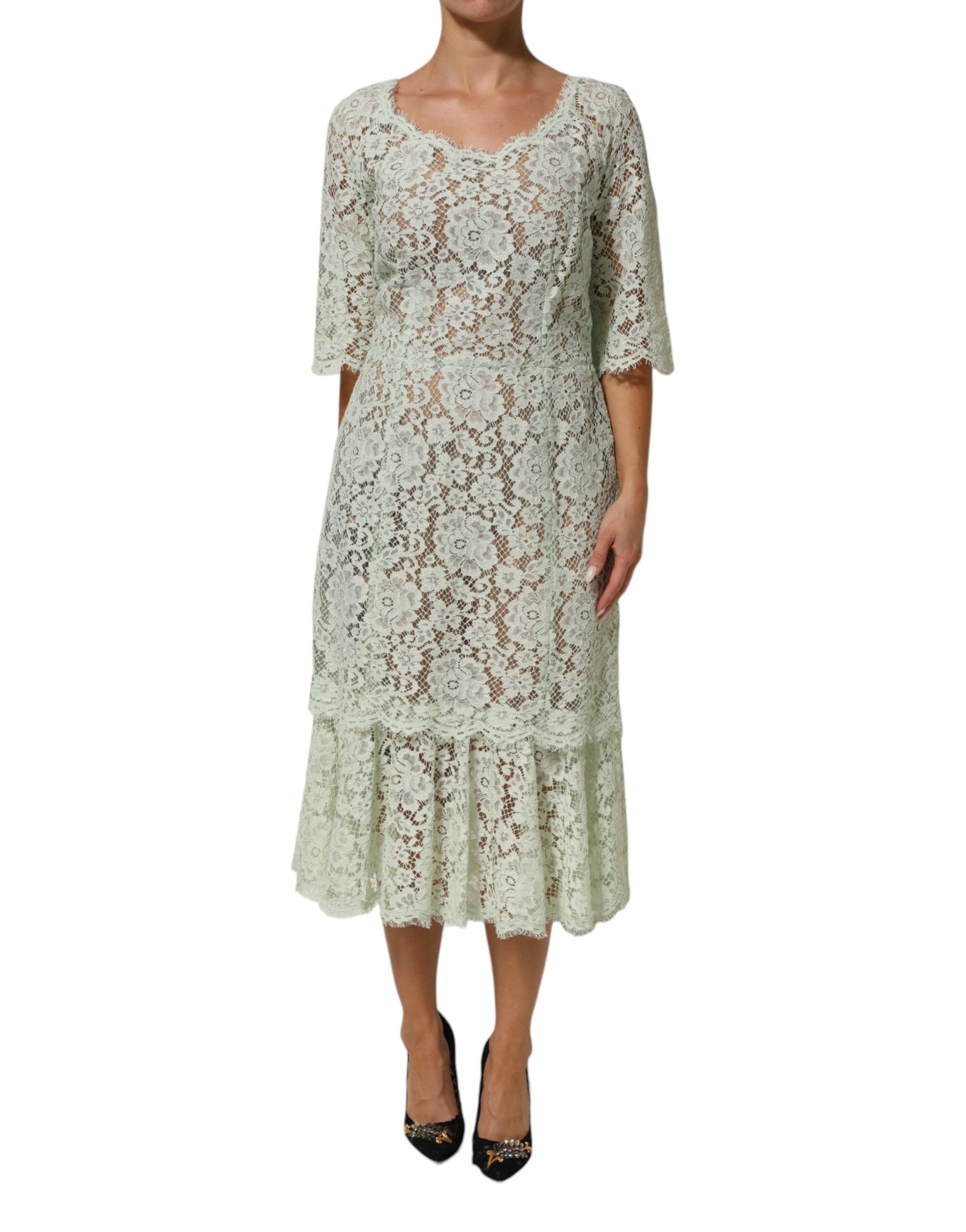 Dolce & Gabbana Mint Green Floral Lace Trim Midi Dress | Regal Royce