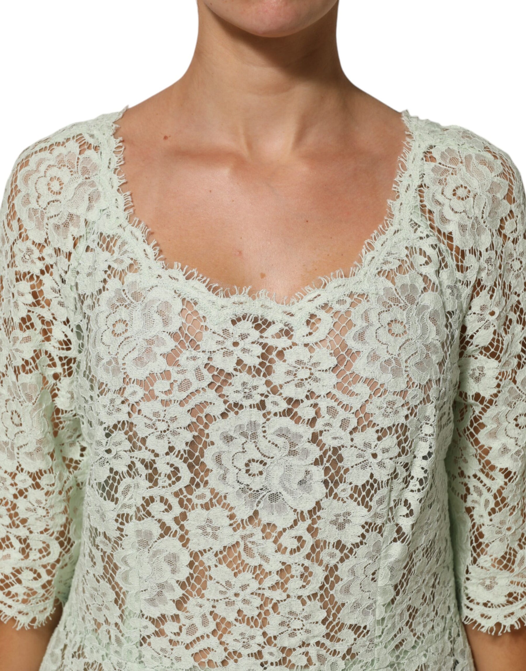 Dolce & Gabbana Mint Green Floral Lace Trim Midi Dress | Regal Royce